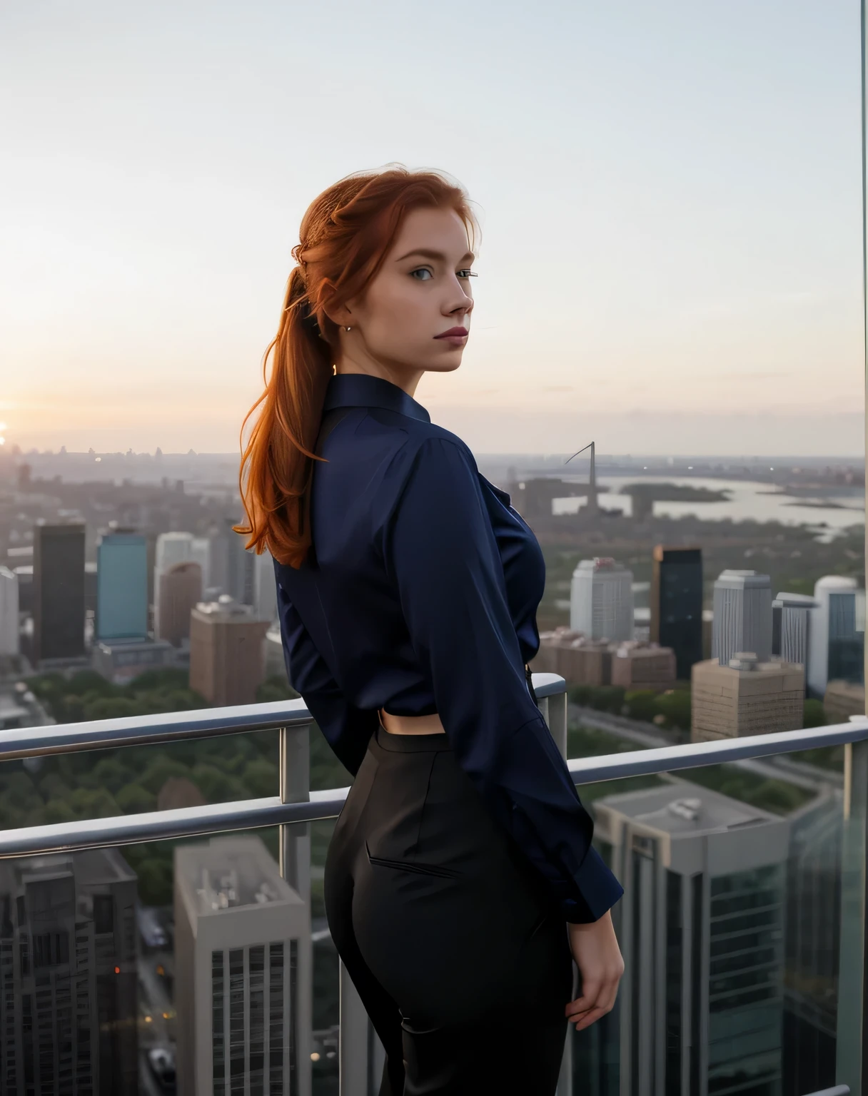 mulher ruiva jovem, cabelo penteado com dois coques, melhor qualidade, rosto perfeito, navy blue blouse and formal pants, on top of a skyscraper at sunset, olhando para a cidade abaixo. Stand in a heroic pose, symbolizing protection and the visionary future it represents for the urban ecosystem.