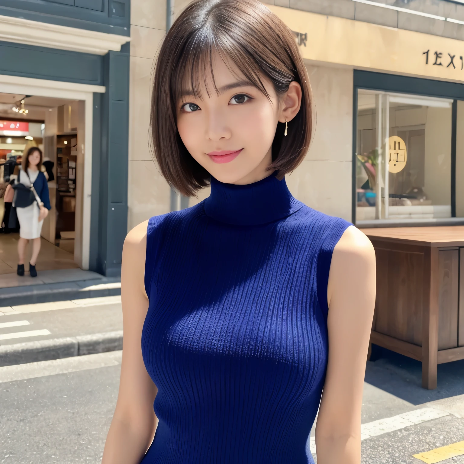 (highest quality、table top、8k、best image quality、Award-winning work)、one beautiful woman、25 years old、alone、perfect beautiful composition、perfect fit、(Full body photo:1.1)、(emphasize body line:1.2)、(Perfect and bright turtleneck sleeveless knit sweater dress:1.2)、(Perfect and precise turtleneck sleeveless knit sweater dress:1.1)、(very big breasts:1.1)、slender body、(elegant straight short hair:1.1)、smile looking at me、(Strongly blurred background of the shopping street in front of the station:1.1)、Standing gracefully、natural makeup、Ultra high definition beauty face、ultra high definition hair、Super high-definition sparkling eyes、(Shining ultra-high definition beautiful skin:1.1)、Super high resolution glossy lips、accurate anatomy、ultra high definition hair、(closed lips:1.1)、(very bright and vivid:1.2)