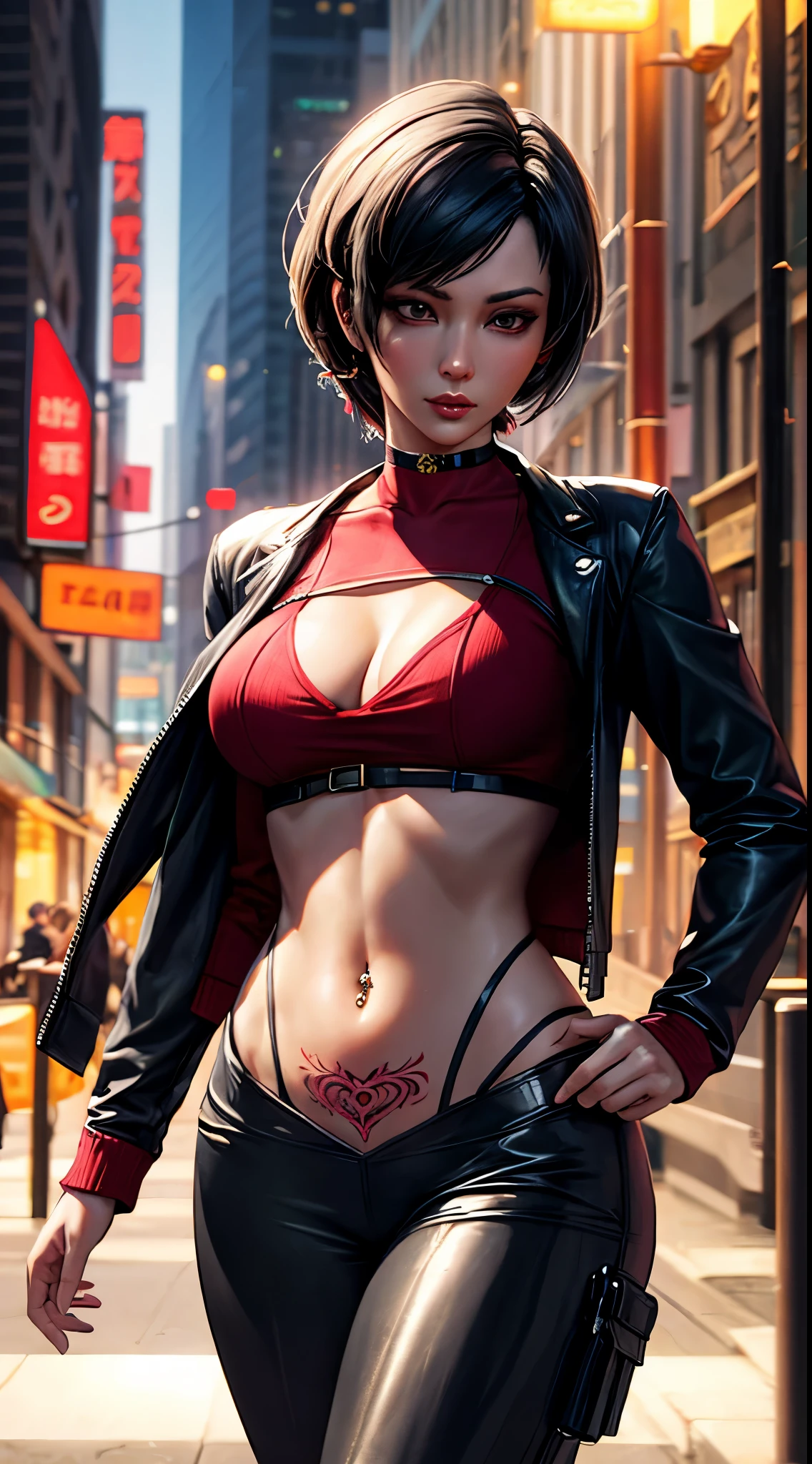 Ada Wong wearing skin tight bodysuit, detailed masterpiece, realistic, dressed in cyber maid, sultry body with sexy belly, seductive modern dark city, seductive, stylish girl, glamorous, detailed navel piercing, heart womb tattoo, high res, good lighting, oversized jacket, choker