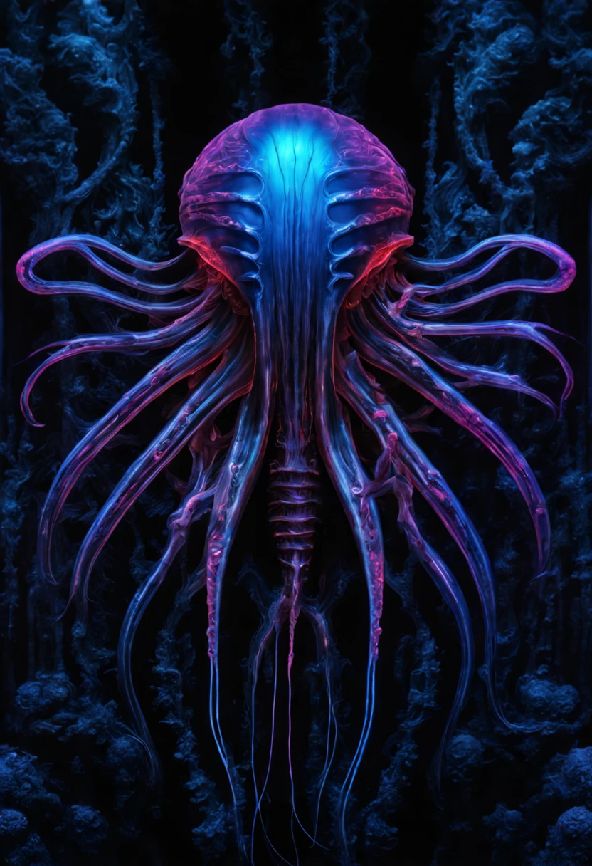 bioluminescent sea creatures, deep ocean exploration, jellyfish and corals glowing, (H.R. Giger:0.8, neon colors:1.2, dark aquatic ambiance:1.3), (Best quality:1.5, masterpiece:1.5).