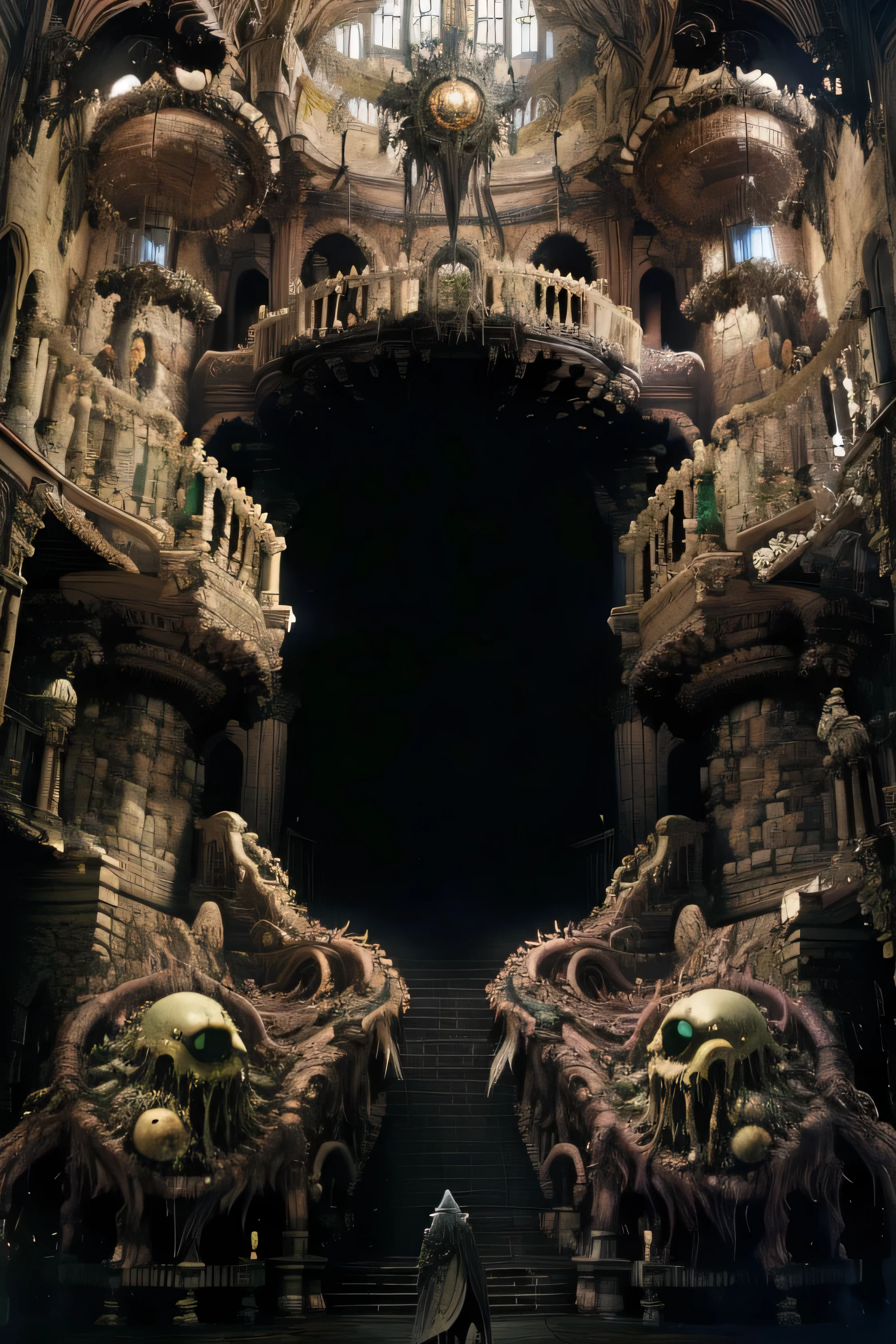 暗黑风格的religious building室内,comfort,sculpture,诡异的sculpture,宗教comfort,scary eyeballs窥伺着人间,strange eyeballs,手持fire把的人,long staircase leading to darkness,手持fire把的背影,tourists'came back,fire把,手中有fire把,左下角和右下角有two huge eyeballs,two huge eyeballs(two huge eyeballs:1.4)dark style,Horrible and bloody atmosphere,Look up at the perspective,strong opinion,dome建筑,dome,huge building,strong opinion,Looking up from a wide angle,religious building室内,religious building,Legend of Cthulhu,Myths and legends,scary eyeballs,Eye,Countless eyeballs。很多Eye,tentacle怪,克苏鲁tentacle, 建筑物上有巨大的tentacle,章鱼的tentacle缠绕在建筑物上(章鱼的tentacle缠绕在建筑物上:1.4),Rose window,Butterfly light source,Rose window,scary atmosphere,Cthulhu style,Cthulhu Mythos,tentacle,The manifestation of the Tyndalco effect,oil painting style,Medieval European architecture,inside cathedral,Theogony,countless graves,tombstone,Star,(Great dark magic sprouts from the west:1.2), (The air is filled with the black smell of death.:1.2), fire, Ice and thunder, Dungeons and Dragons, final fantasy, game art, (Coherent architectural and exterior design, Has realistic proportions and textures, intricate details, Hand Painted, Full of energy, Cinema lighting, masterpiece, 8k:1.2),world map,In the middle of the map is the Holy City