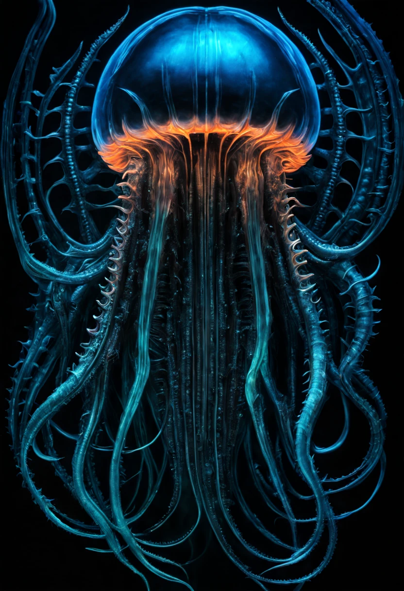 bioluminescent sea creatures, deep ocean exploration, jellyfish and corals glowing, (H.R. Giger:0.8, neon colors:1.2, dark aquatic ambiance:1.3), (Best quality:1.5, masterpiece:1.5).