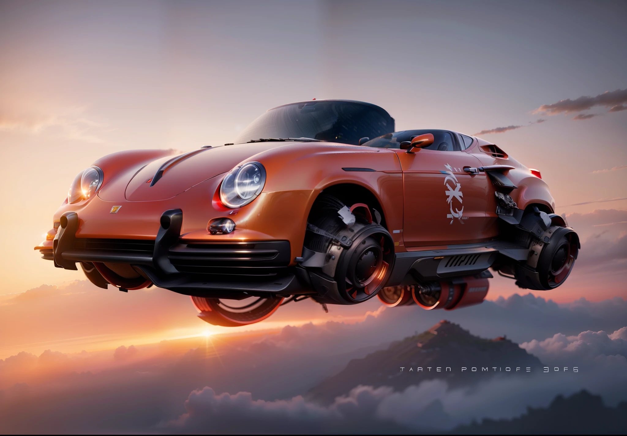 HOVER PORSCHE, realistic, hd, cyberpunk in flying at Dawn the sky is with the sun at Dawn reflecting in a lot of clouds. Editorial photoshoot downtown at Dawn cinematic lighting
