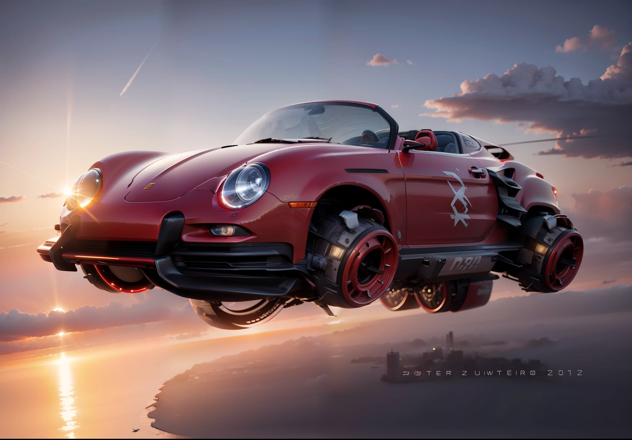 HOVER PORSCHE, realistic, hd, cyberpunk in flying at Dawn the sky is with the sun at Dawn reflecting in a lot of clouds everywhere. Editorial photoshoot downtown at Dawn cinematic lighting