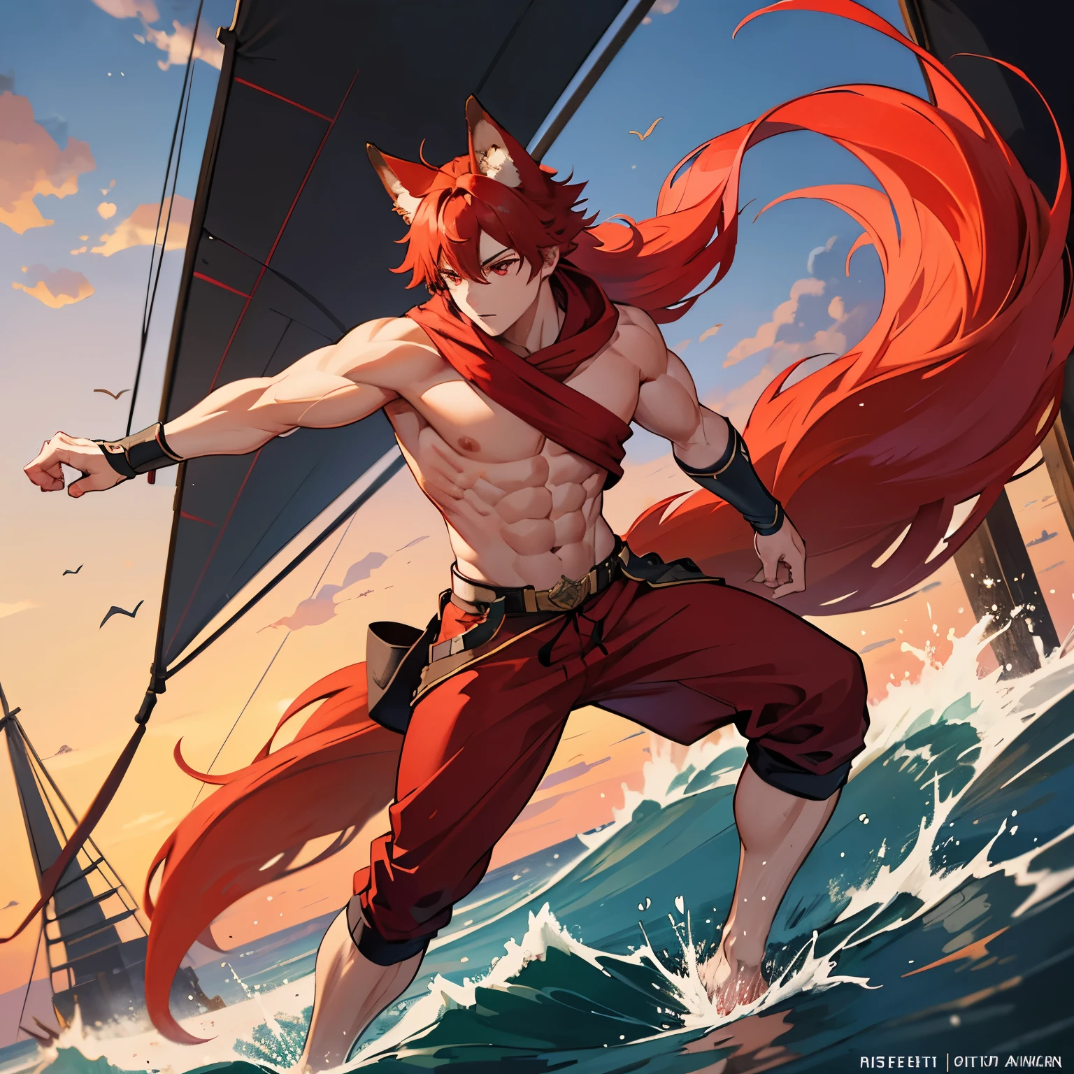 masterpiece, best quality, expressive eyes, perfect face, male, fox boy, full body, red eyes, red fox tail, 1 tail, red fox ears, red hair, muscular body, regatta