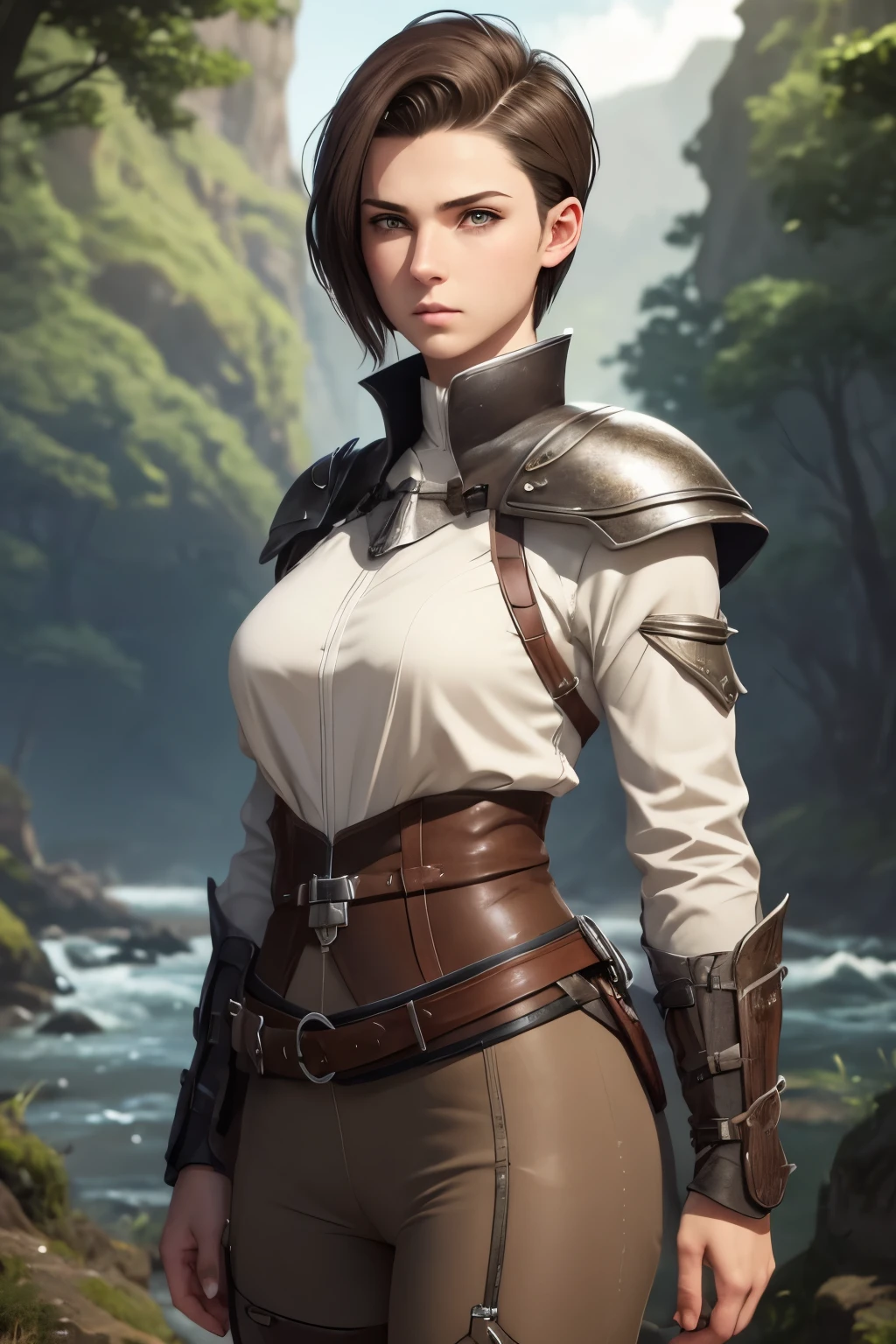A young androgynous female cleric with an short undercut. Very pale skin with liverspots. Very short dark-brown hair with a undercut. Shaved sides. A pale soft narrow face with freckles. Very thin barely visible eyebrows. Big upturned eyes. Dark-brown eyecolour. Long wide nose. Curved soft lips. Soft round chin. Long neck. Wide hips. Long thick legs. Kind. Friendly. Tomboyish. Wearing a tight silver breast plate and tight brown pants. Background: Beautiful wide landscape with trees, hills and rivers. A vast blue sky.