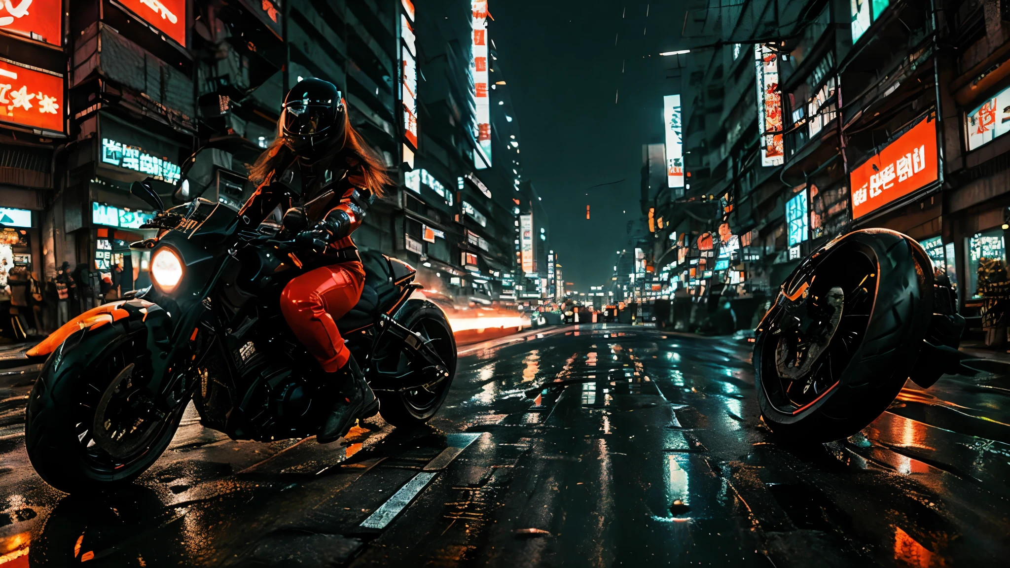 Young redhead woman, best quality, ((wearing a black and orange motorcycle helmet)), ((full face helmet)), on a motorcycle, full body, background shows the whole motorcycle, ((cyberpunk neon))