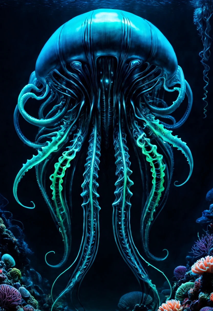 bioluminescent sea creatures, deep ocean exploration, jellyfish and corals glowing, (H.R. Giger:0.8, neon colors:1.2, dark aquatic ambiance:1.3), (Best quality:1.5, masterpiece:1.5).