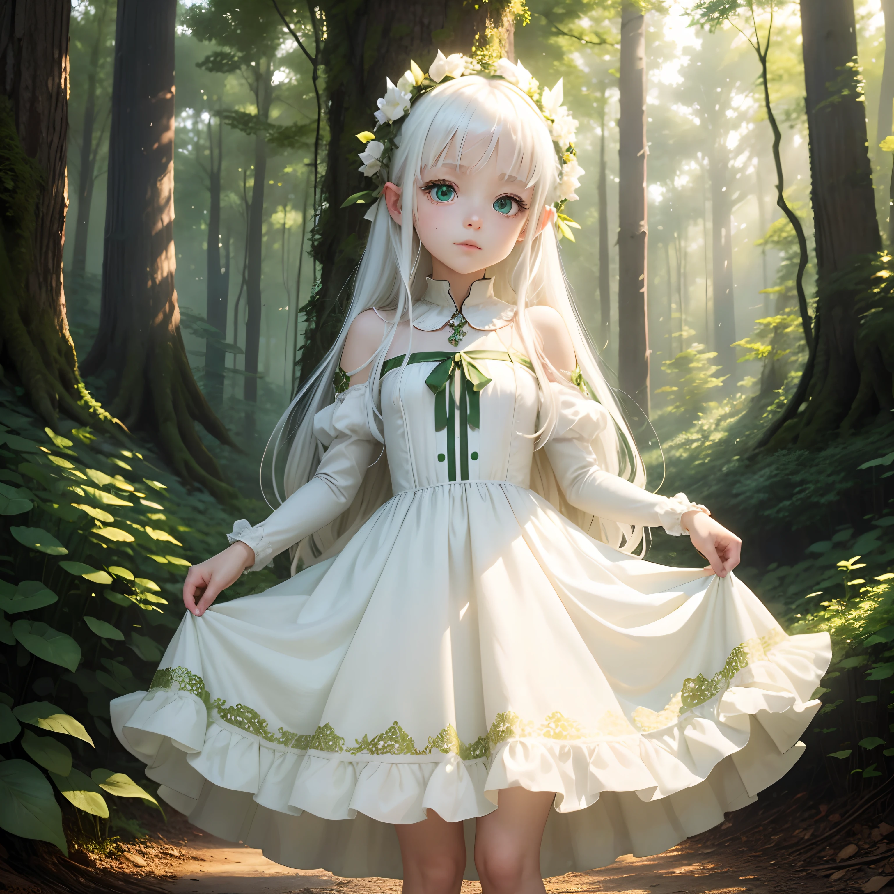 , white colored hair, Feenkleid, white with green and gold dress, green-colored eyes, pretty, der Anime, Die Waldfee