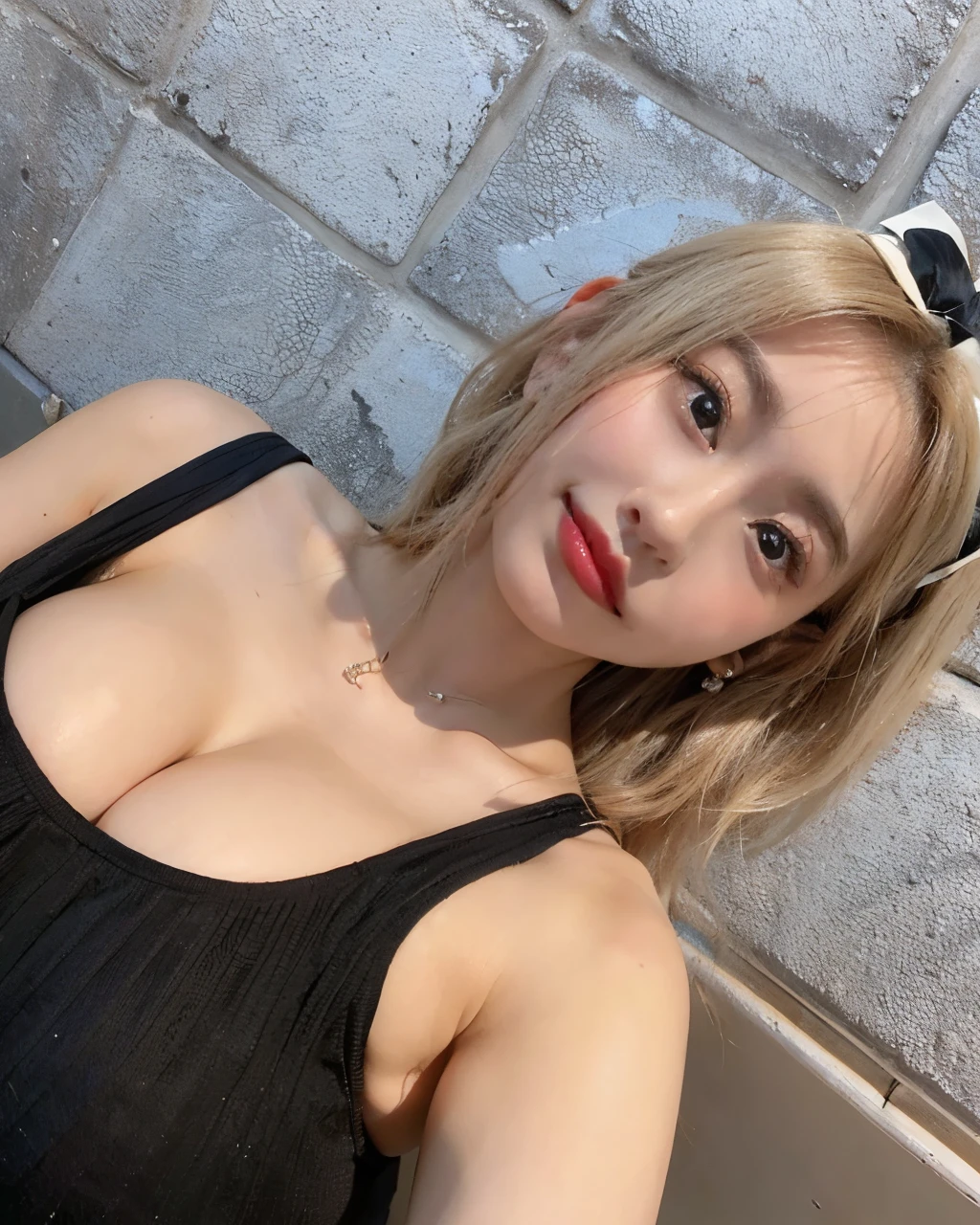 1 girl, NSFW, (White background), ((8K, RAW, Masterpiece: 1.4)), (Professional Photoshoot, sharp:1.2), ((Portrait shot)), Perfect dynamic composition, (Natural sunlight), (Soft Shadow), (Perfect body:1.4, Slim abs:1.2), ((Japanese Hairstyle:1.4, Huge breast:1.6)), Medium long hair, Ultra detail face and skin, Perfect Asian, white skin, (Detailed skin:1.3),(Latex skin:0.4), (Perfect Glossy Skin:0.6), Yuki Shiramori, blonde hair, light brown eyes, beautiful eyes, round eyes, pretty face, Blushing face, glossy lips, high nose bridge, lustrous eyes, a face of perfect proportion, realistic humid skin, Exquisite Expression, lightly smile to the camera, Looking at camera, exquisite expression, elegance necklace, elegance earrings, minimalist, ((selfie shot)), close up, showing cleavage, wearing( black micro bikini)