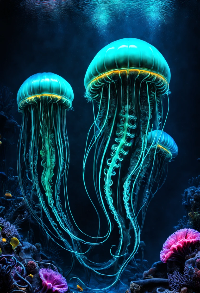 bioluminescent sea creatures, deep ocean exploration, jellyfish and corals glowing, (H.R. Giger:0.8, neon colors:1.2, dark aquatic ambiance:1.3), (Best quality:1.5, masterpiece:1.5).