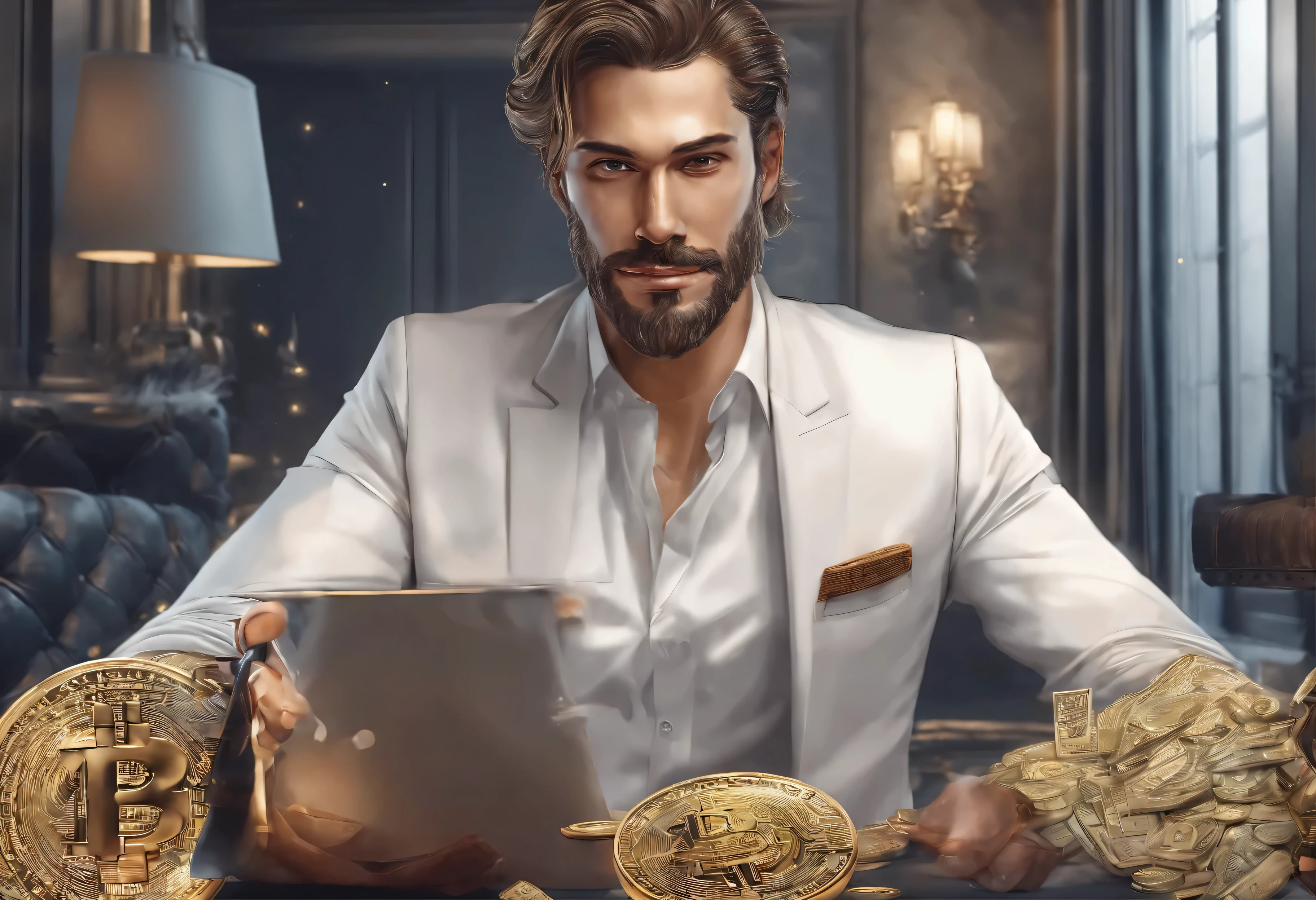 um homem,sorridente,relaxante,goodlooking,meia-idade,Sentado na frente do PC,Lots of bitcoins and bills are falling like rain behind him,Holding the glass in my hand,Muito wad、imagem brilhante、Clear facial expressions