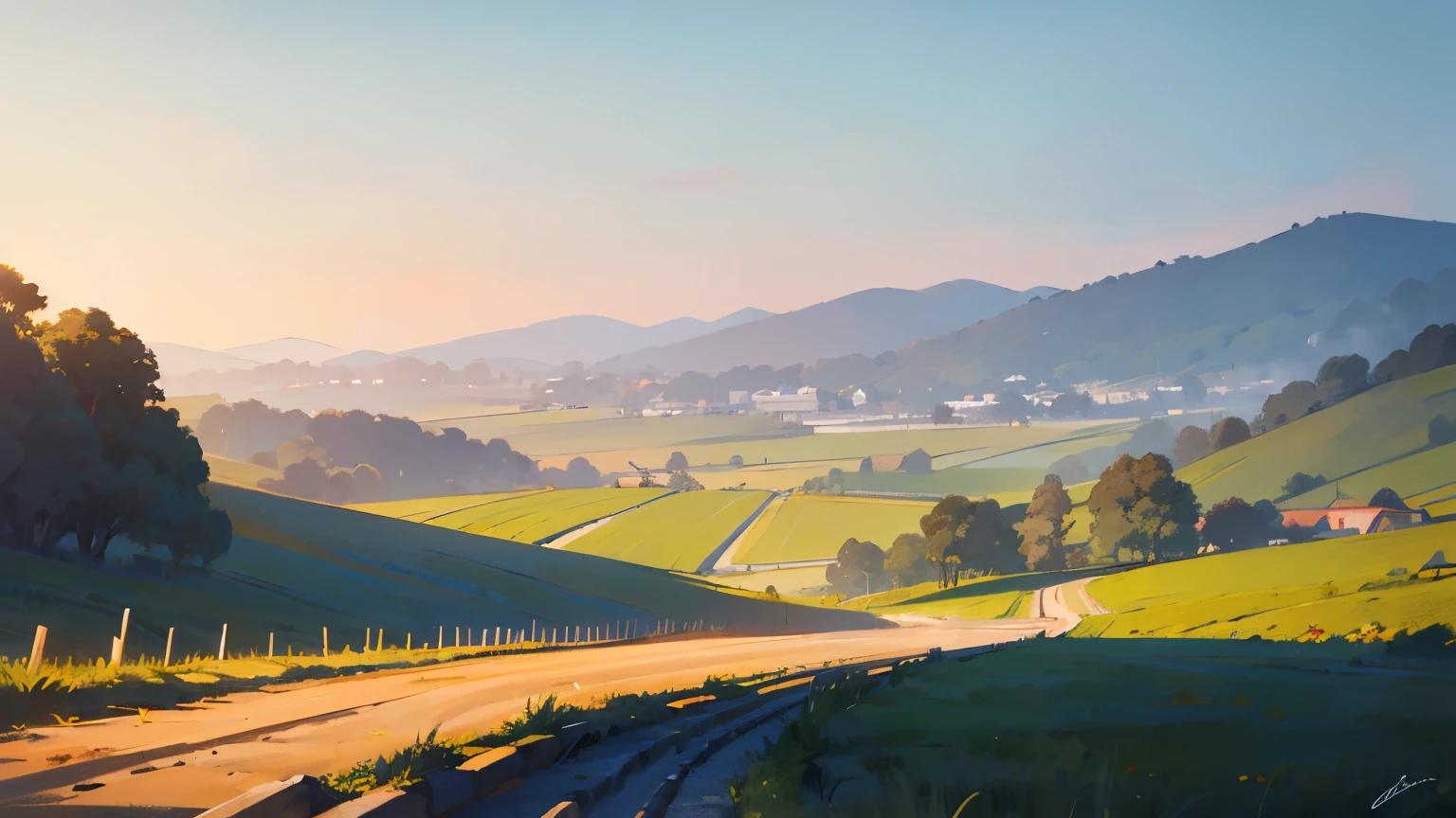 Painting of a rural road with a view of a valley - SeaArt AI