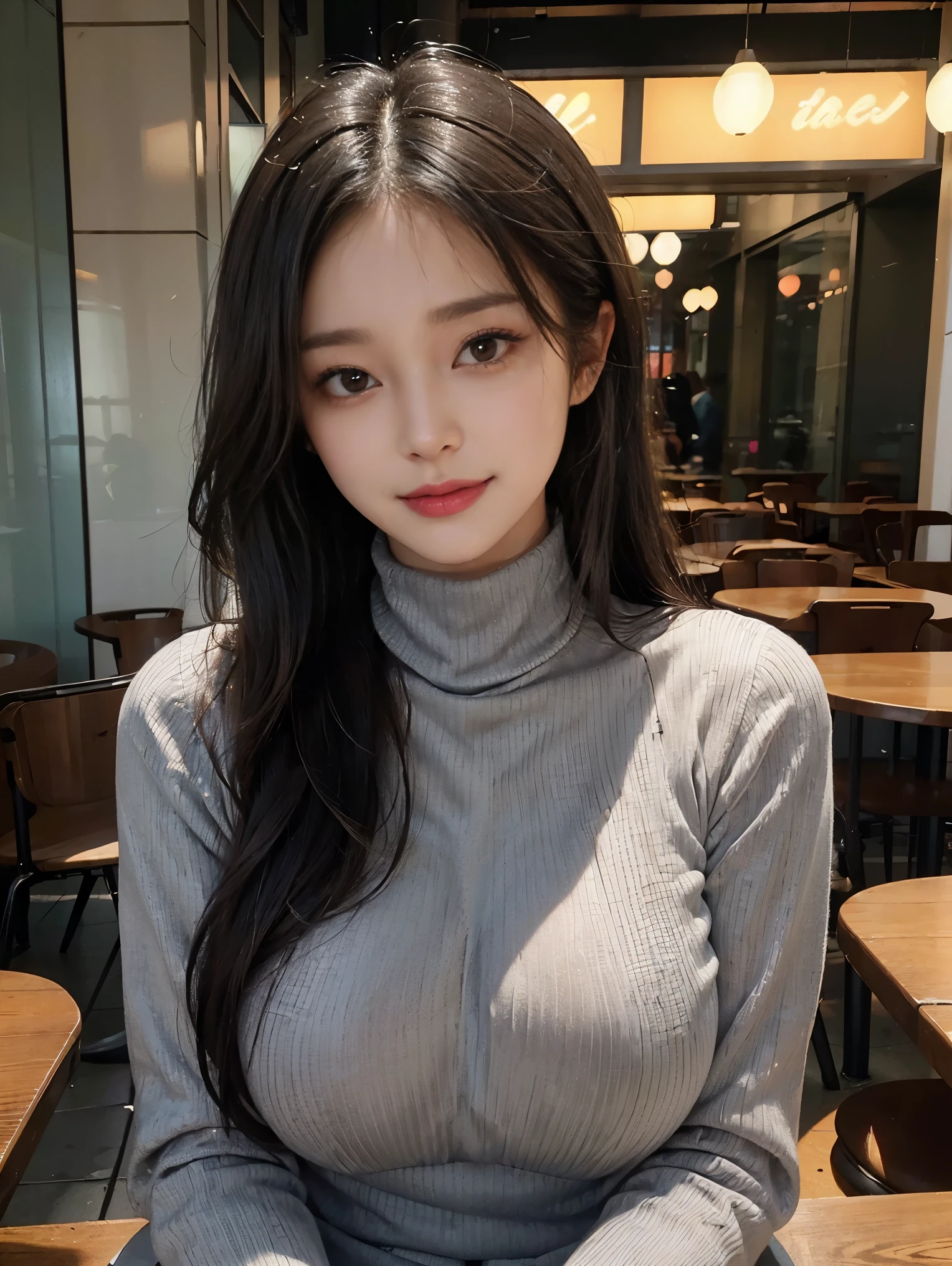 ((Adult sitting in front of cafe)),((turtleneck shirt:1.3)). 40k, photography, on the table, best quality, dark gray background, ((adult, deadly, Mother, milf)), ((plump breasts)), perfect face, perfect , ((big breasts)), ((A girl with brown eyes and gorgeous shiny black hair)). A beautiful Japanese woman,Completely soft breasts and fair skin,, ((very soft breasts)). Super detailed faces, delicate eyes, Awkward, Smile, summer, daytime, (((collar))), Half body, Cleavage Dress Soft Breasts Realistic Photos Real Real