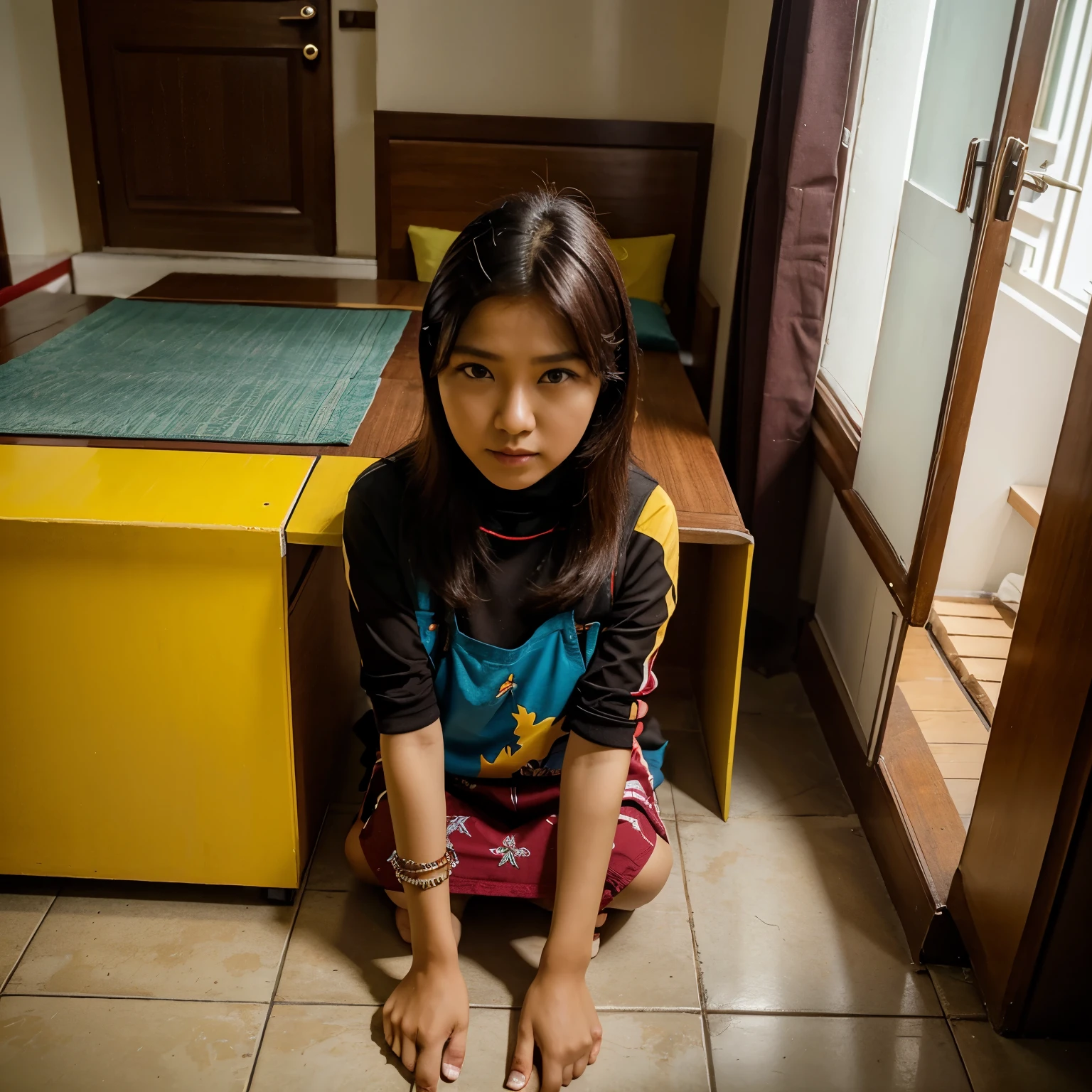 Realistis foto. Seorang wanita berambut pendek cokelat tanpa pakaian, duduk di kursi kayu di ruang tamu yang terang. Di belakangnya, ada pintu dengan kaca berbingkai putih dan meja makan dengan taplak merah. Di dinding, ada lukisan abstrak dengan warna-warna cerah seperti biru, kuning, dan merah.