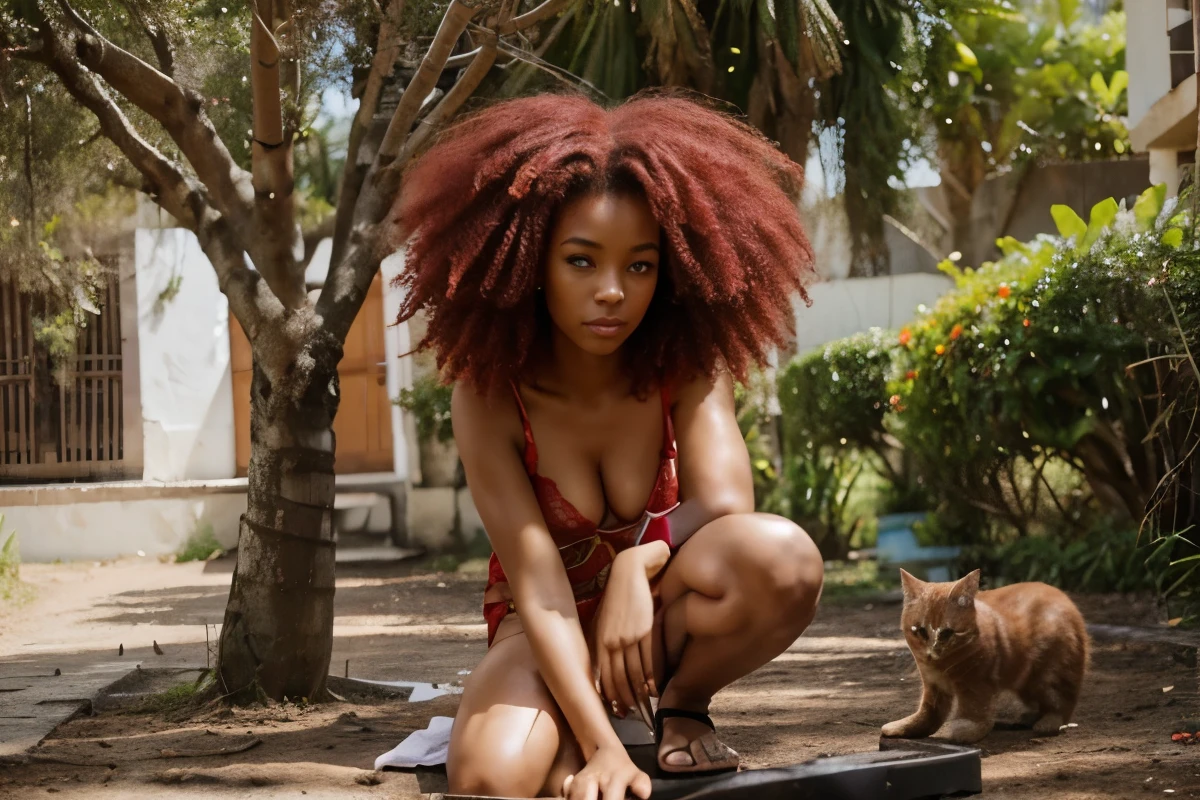 A  afro de 11 anos, com seus cabelos vermelhos vibrantes, com seu gato de pelos vermelhos, andando pela quintal da casa