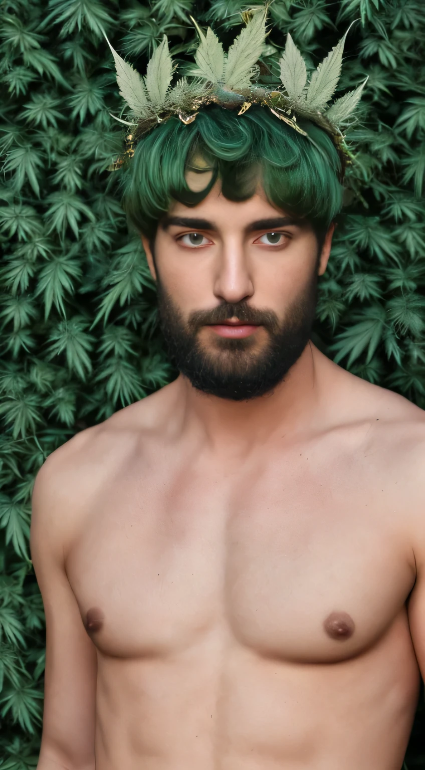 a handsome boy, 1boy, green hair, beard, full body shot, (marijuana god:1.2), (ganja king:1.1), (marijuana leaf crown:1.2), red eyes, cute boy, manly, Sexy, detailed background