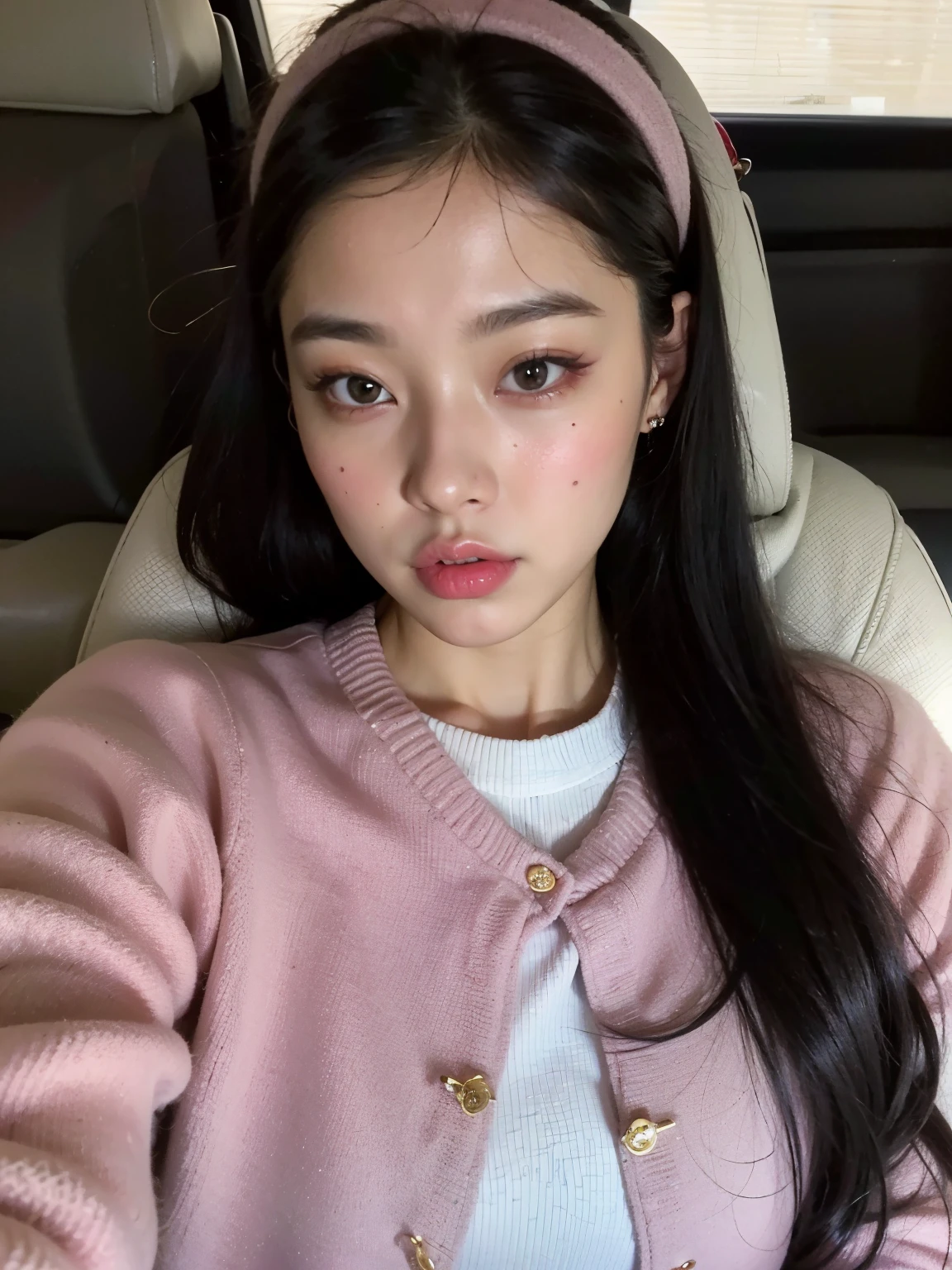 arafed asian woman wearing a pink sweater and headband sitting in a car, Jennie rosa negra, aparcar desde-min, lee ji - eun, lee ji-eun, jaeyeon nam, heonhwa choe, kim doyoung, parque roseanne de blackpink, jossi de blackpink, ulzzang, kim taejin, sha xi, jinyoung shin, wenfei ye, jennie blackpink