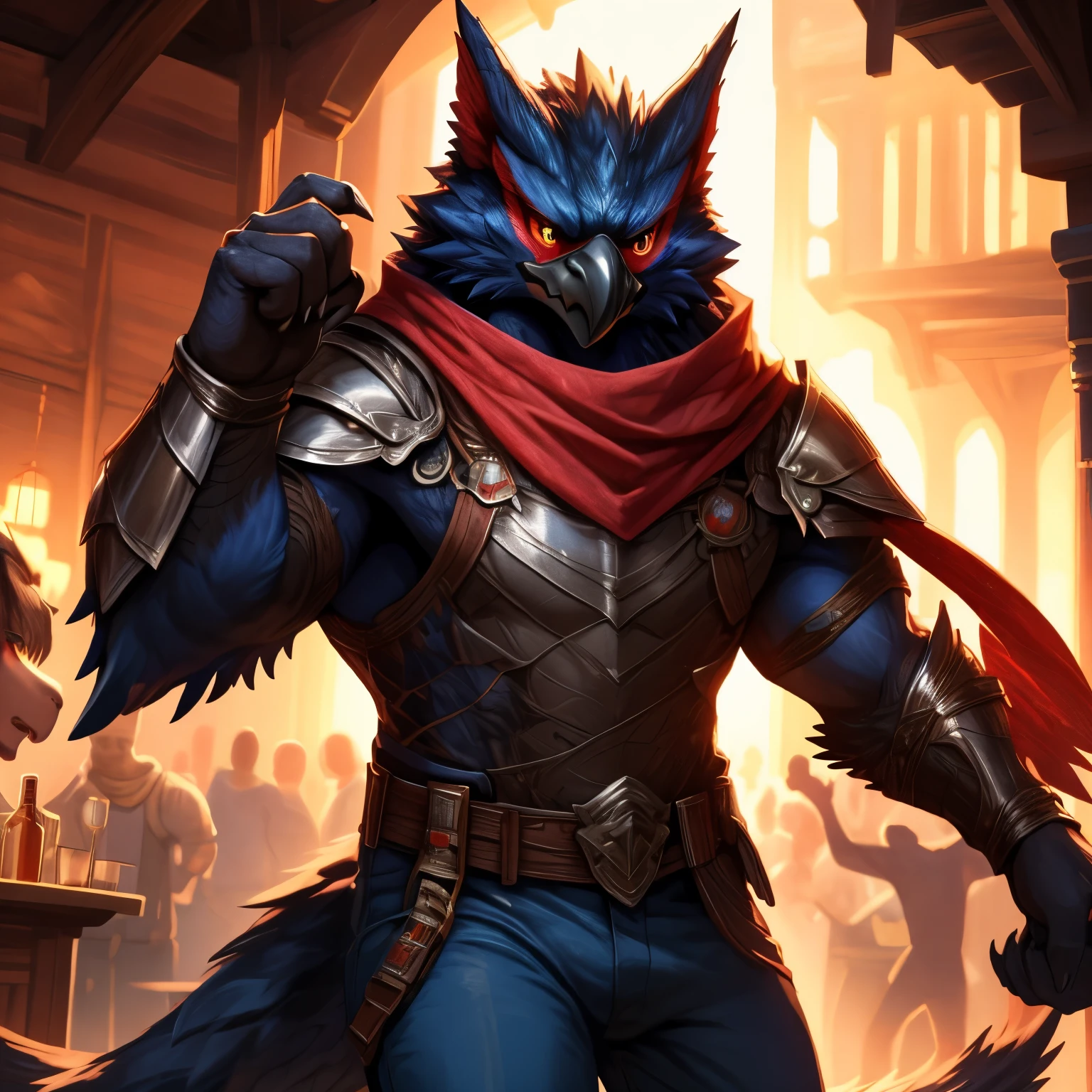 Muscular Nargacuga dancing at a party in a medieval bar , HD, 4K, high resolution, Best quality, perfect colors, perfect shadow, perfect litthing, Males person, Correct Head Anatomy, Correct Anatomy, (Detailed Realistic feathers, epic, tmasterpiece:1.2), (Detailed Medieval bar background), shining feathers, smooth feathers, perfect fur, detailed fur, Simple bed, Nargacuga wearing leather armor, blue pants, Red T-shirt, Detailed leather armor, perfect pants,Persian scarf, Nargacuga (Monster Hunter), Detailed nozzle, party, day, Detailed Medieval bar, dancing, serious expression, detailed eyes, Correct Anatomy face