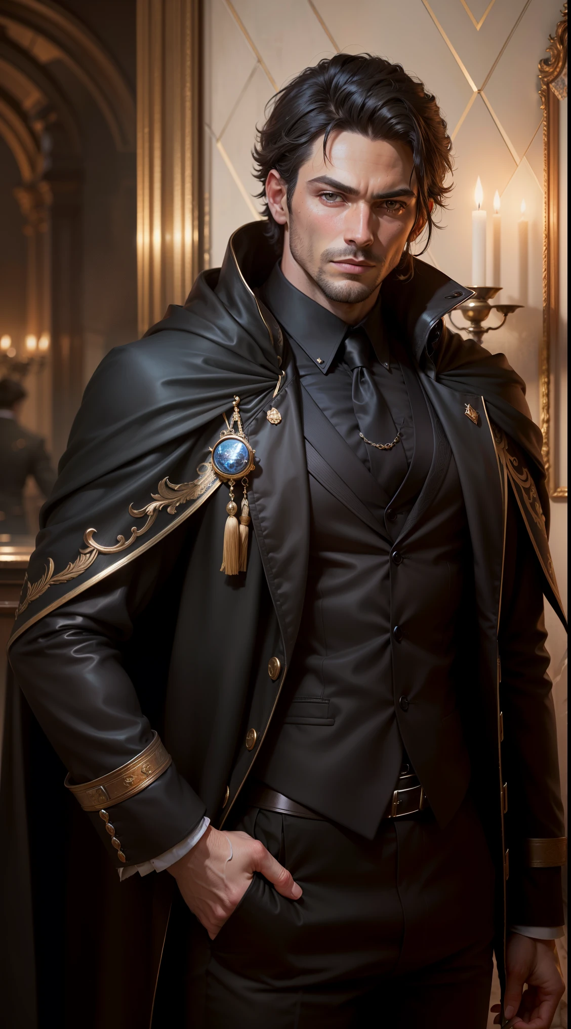 "((photorealism, high quality, detailing)), (half of the body) Strong man, male appearance, Majestic magician-alchemist, short dark hair, A European view, modernity, 21st century, Stylish black suit, long black cloak, magical atmosphere".