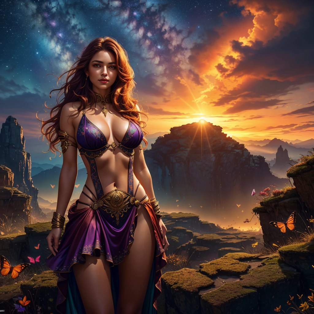 A girl in a fantasy world under the night sky, surrounded by butterflies. She is wearing a micro-miniskirt and a g-string, with her underboobs slightly visible. Her outfit is crazy sexy, featuring multiple layers and vibrant colors. The girl has erect nipples, adding to her seductive allure. The scene is set in an apocalyptic landscape, hinting at an impending armageddon. The overall image is highly detailed and of the best quality, with a resolution of 4k or 8k. The artwork is created using digital illustration, giving it a photorealistic style. The colors are vivid, with a focus on rich tones and a dreamlike atmosphere. The lighting in the scene is dramatic, casting captivating shadows and enhancing the overall mood.,(subtle nudity:0.8)
