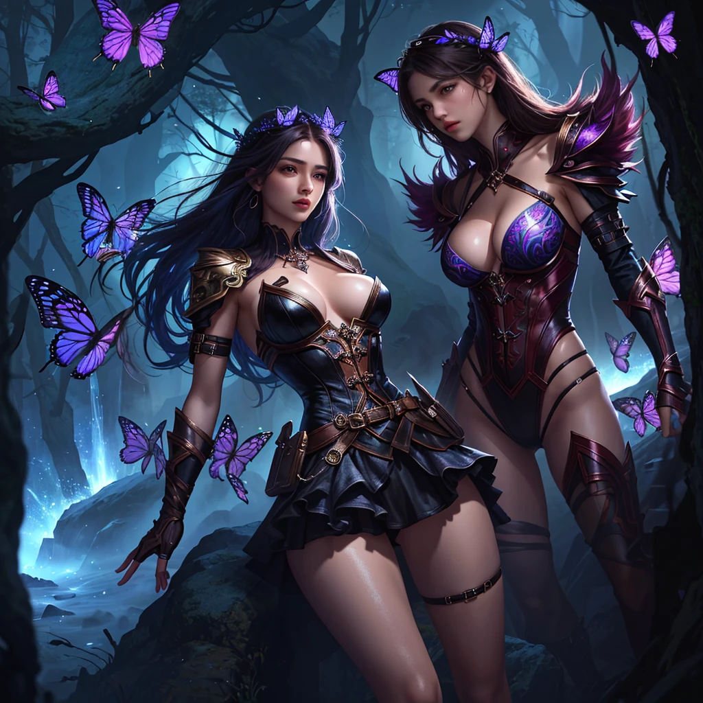 A girl in a fantasy world under the night sky, surrounded by butterflies. She is wearing a micro-miniskirt and a g-string, with her underboobs slightly visible. Her outfit is crazy sexy, featuring multiple layers and vibrant colors. The girl has erect nipples, adding to her seductive allure. The scene is set in an apocalyptic landscape, hinting at an impending armageddon. The overall image is highly detailed and of the best quality, with a resolution of 4k or 8k. The artwork is created using digital illustration, giving it a photorealistic style. The colors are vivid, with a focus on rich tones and a dreamlike atmosphere. The lighting in the scene is dramatic, casting captivating shadows and enhancing the overall mood.,(subtle nudity:0.8)