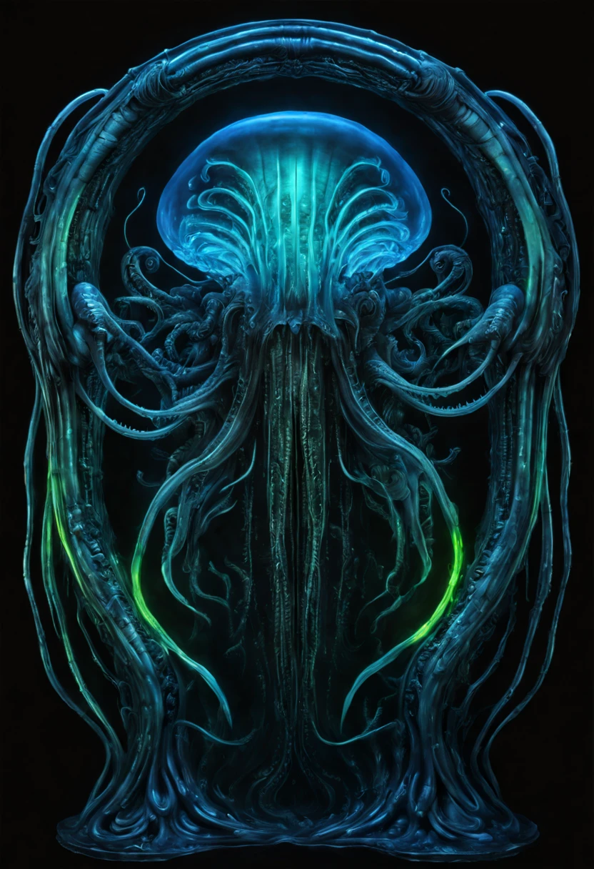 bioluminescent sea creatures, deep ocean exploration, jellyfish and corals glowing, (H.R. Giger:0.8, neon colors:1.2, dark aquatic ambiance:1.3), (Best quality:1.5, masterpiece:1.5).