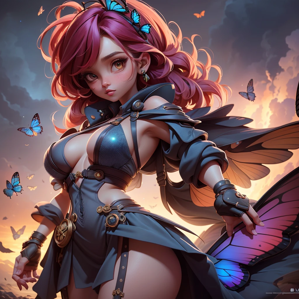 A girl in a fantasy world under the night sky, surrounded by butterflies. She is wearing a micro-miniskirt and a g-string, with her underboobs slightly visible. Her outfit is crazy sexy, featuring multiple layers and vibrant colors. The girl has erect nipples, adding to her seductive allure. The scene is set in an apocalyptic landscape, hinting at an impending armageddon. The overall image is highly detailed and of the best quality, with a resolution of 4k or 8k. The artwork is created using digital illustration, giving it a photorealistic style. The colors are vivid, with a focus on rich tones and a dreamlike atmosphere. The lighting in the scene is dramatic, casting captivating shadows and enhancing the overall mood.,(subtle nudity:0.8)
