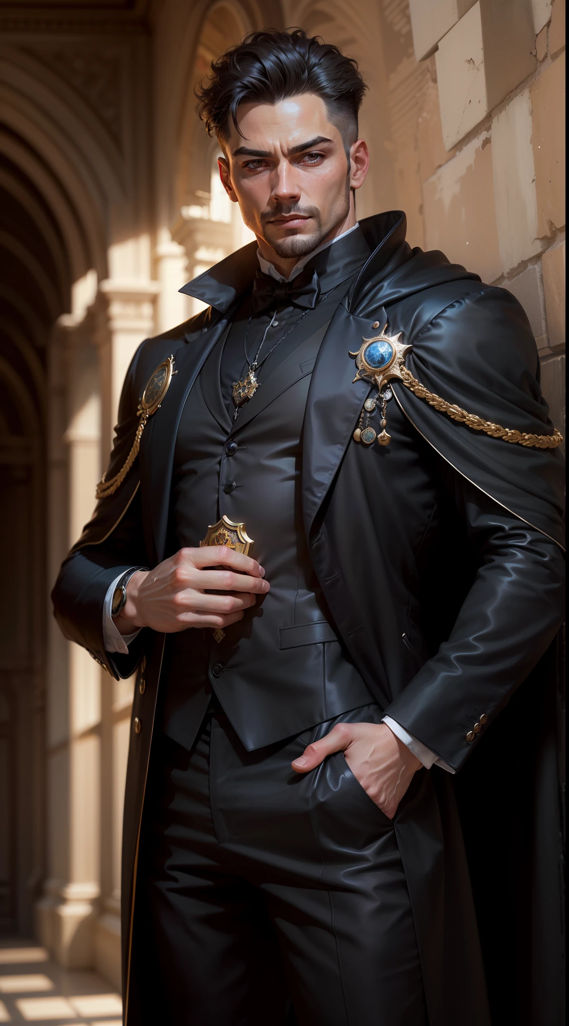"((photorealism, high quality, detailing)), (half of the body) Strong man, male appearance, Majestic magician-alchemist, short dark hair, A European view, modernity, 21st century, Stylish black suit, long black cloak, magical atmosphere".