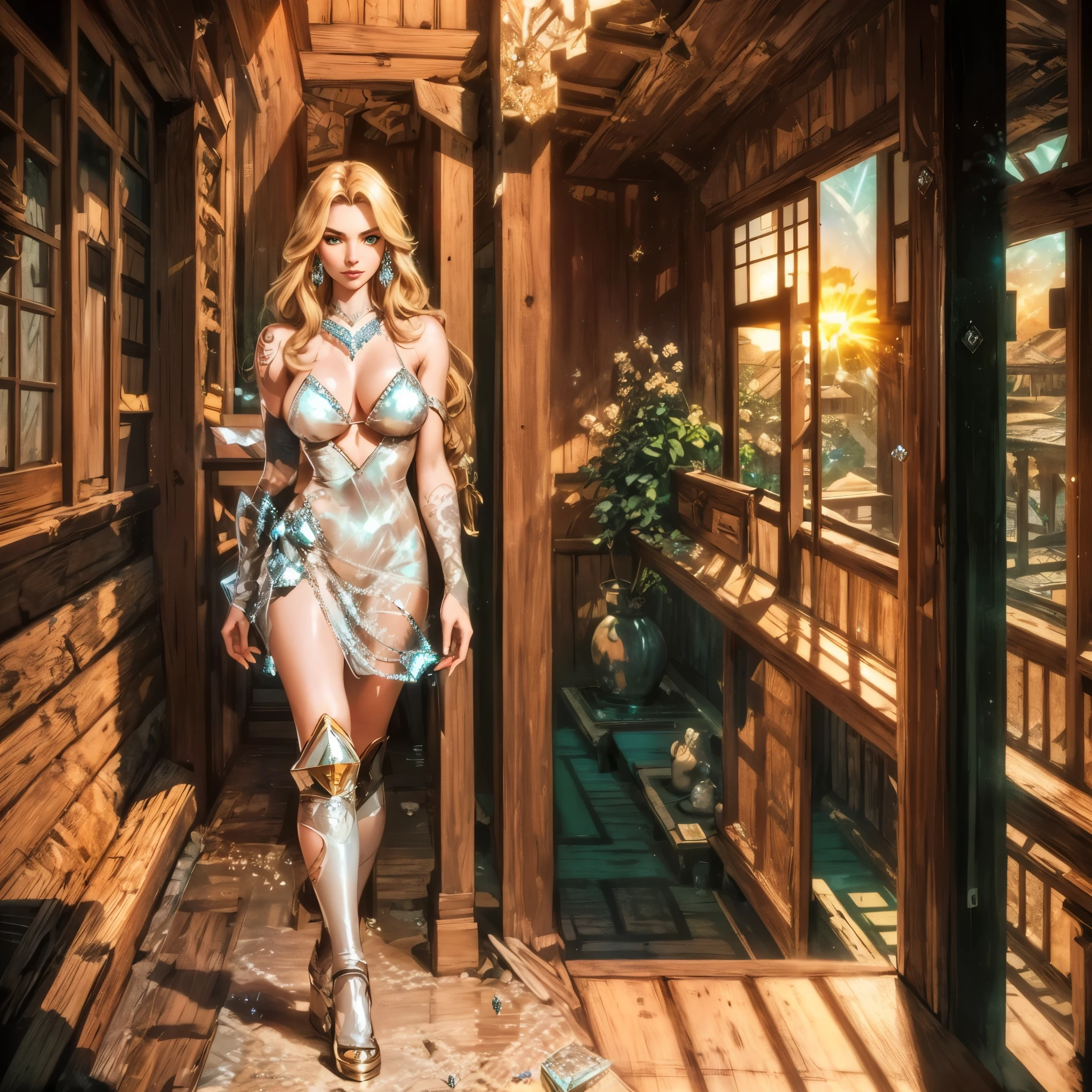 Medieval fantasy setting, masterpiece, full body, one single extremely beautiful young twenty years old blonde Sweden young woman, sexy plate armour ((made exclusively full of diamonds:1.8)), confident, powerful, strong, fit, long wavy blond hair, warrior, luxury, beauty, slightly smiling m, perky perfect tits, epic shot, dynamic lighting, elegance, sensuality m, in a fantasy magic Japanese temple, high quality, intense contrast, light rays, lense flares, extreme details, highly detailed, catwalking sensually, tattooed arm, emerald green beautiful eyes