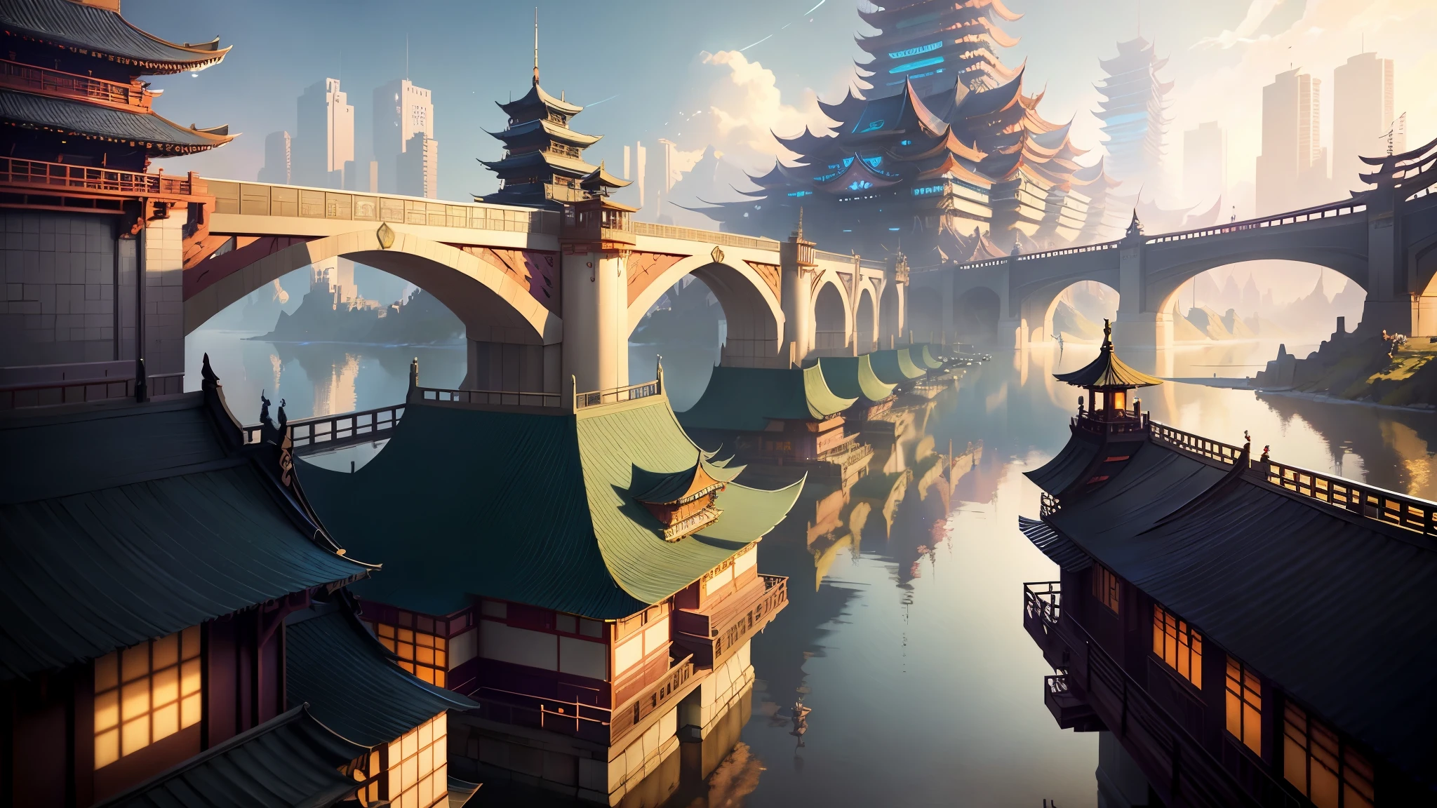 neo-fantasy, Ray tracing, Sparkle, anime - style scene of a city with a river and a bridge, onmyoji detailed art, painterly concept art, colorful kitsune city, onmyoji, colorful concept art, painted as a game concept art, 2. 5 d cgi anime fantasy artwork, style of duelyst, krenz cushart and wenjun lin, andreas rocha style