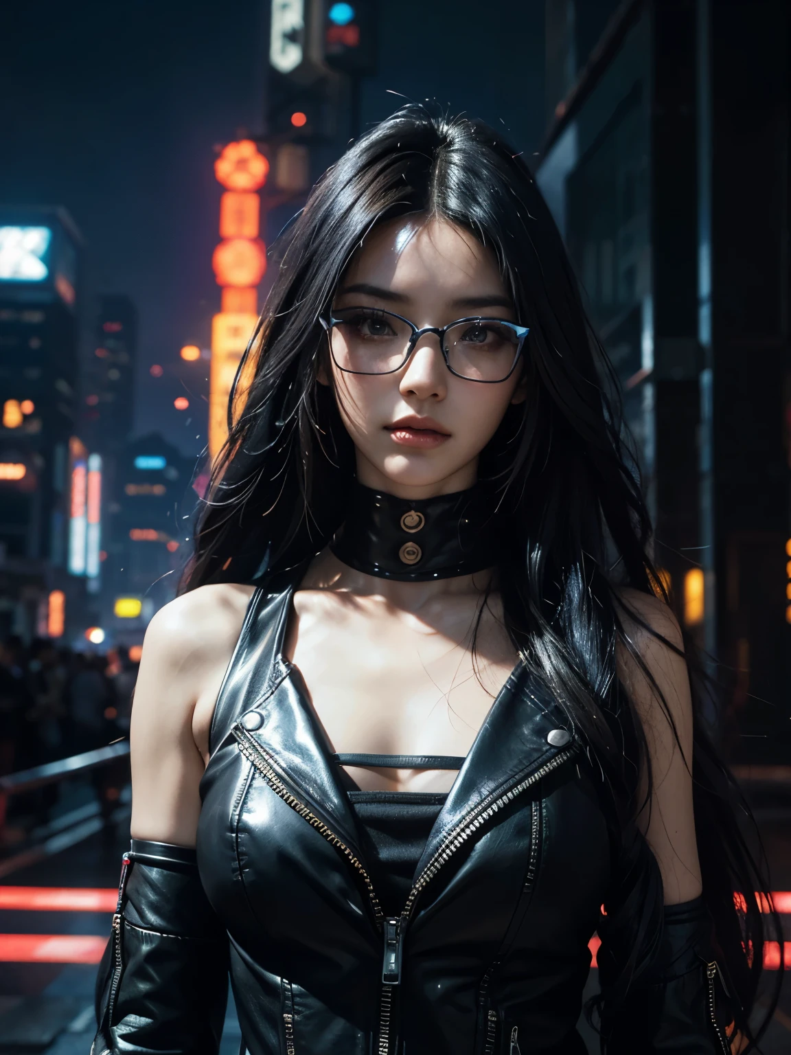 in cyberpunk city, cyberpunk photo, cyberpunk 2 0 y. o model girl, in a futuristic cyberpunk city, female, in a cyberpunk city, cyberpunk beautiful girl, in cyberpunk style, cyberpunk girl, futuristic cyberpunk tokyo night, at cyberpunk city, (tmasterpiece、4k resolution、ultra-realistic realism、The is very detailed), "Full and juicy lips, mesmerizing wide eyes, a defined jawline, and high cheekbones. A perfectly symmetrical face with distinct features.", wearing glasses, Japaneses, Irelia from league of legends