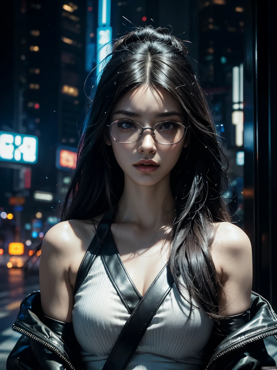 in cyberpunk city, cyberpunk photo, cyberpunk 2 0 y. o model girl, in a futuristic cyberpunk city, female, in a cyberpunk city, cyberpunk beautiful girl, in cyberpunk style, cyberpunk girl, futuristic cyberpunk tokyo night, at cyberpunk city, (tmasterpiece、4k resolution、ultra-realistic realism、The is very detailed), "Full and juicy lips, mesmerizing wide eyes, a defined jawline, and high cheekbones. A perfectly symmetrical face with distinct features.", wearing glasses, Japaneses, Irelia from league of legends