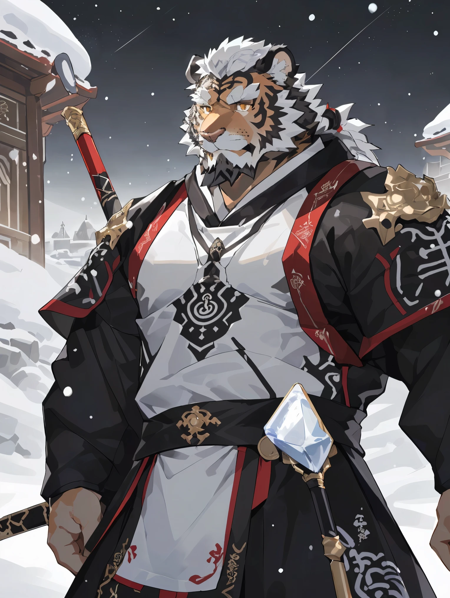 (白色皮肤tiger),(黑白阴阳general古代战袍),Holding a long sword,Powerful posture,Standing calmly,(The background is a city covered with ice and snow:1.2),abdominal muscles,heroic posture飒爽,完美的masterpiece,Various facial details,distance perspective,specific description,masterpiece,cg,(golden eyes),Black and white pattern,crimson tail,general,heroic posture,tiger,Black and white fur,Concrete facial details,Half body,(黑白阴阳general战履),(Chang Ling),((middle aged)),(face focus),(16k),HD,black and white belly,temple,beard,(Face lines),Different pupils,(Black and white yin and yang ancient war robe),(black and white hair),Strong,muscle,(high resolution:1.3),(Standing in front of the city covered with ice and snow),(Close up),(Detailed face:1.5),Perfect details,(Half body),(Detailed depiction of the face:1.5),(Zoom in on face:1.5),(白色Face lines:1.2),(黑色beard:1.3),(white face;1.6),white body