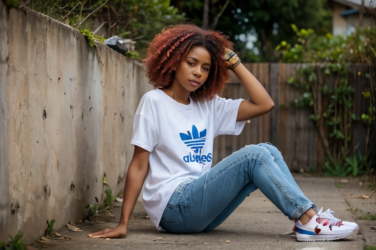A afro de 11 anos, com seus cabelos vermelhos vibrantes, com seu gata no quintal da casa, dressed in homemade jeans with adidas blouse and Nike sneakers,