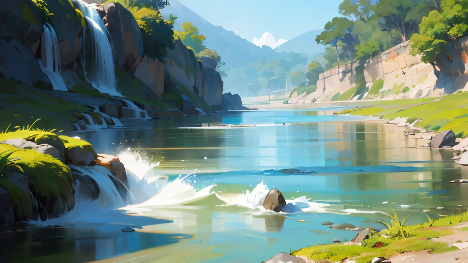 ((melhor qualidade)), ((obra de arte)), (detalhado), rio de aguas azuis exuberante na encosta, fortes corredeiras azuis correm pelo curso do rio, blue water is the main component of the image, na margem do rio existem arvores de copas verdes, dia ensolarado