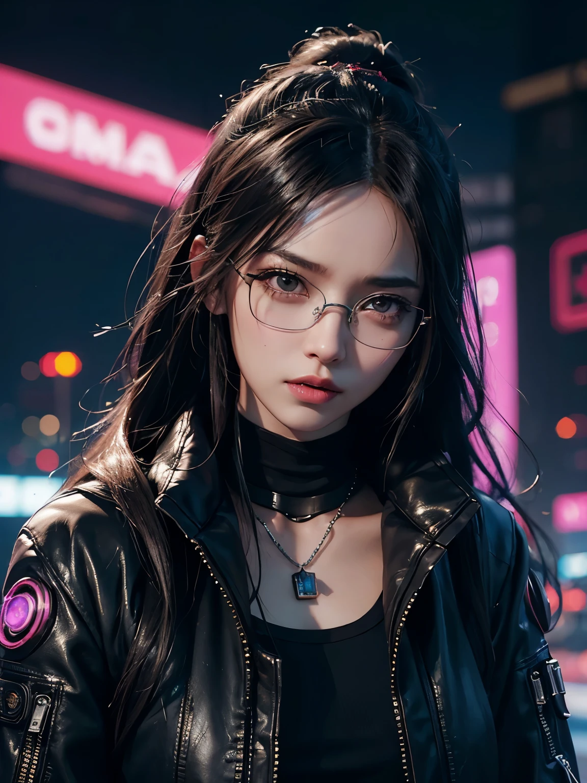 in cyberpunk city, cyberpunk photo, cyberpunk 2 0 y. o model girl, in a futuristic cyberpunk city, female, in a cyberpunk city, cyberpunk beautiful girl, in cyberpunk style, cyberpunk girl, futuristic cyberpunk tokyo night, at cyberpunk city, (tmasterpiece、4k resolution、ultra-realistic realism、The is very detailed), "Full and juicy lips, mesmerizing wide eyes, a defined jawline, and high cheekbones. A perfectly symmetrical face with distinct features.", wearing glasses, Japaneses, Irelia from league of legends