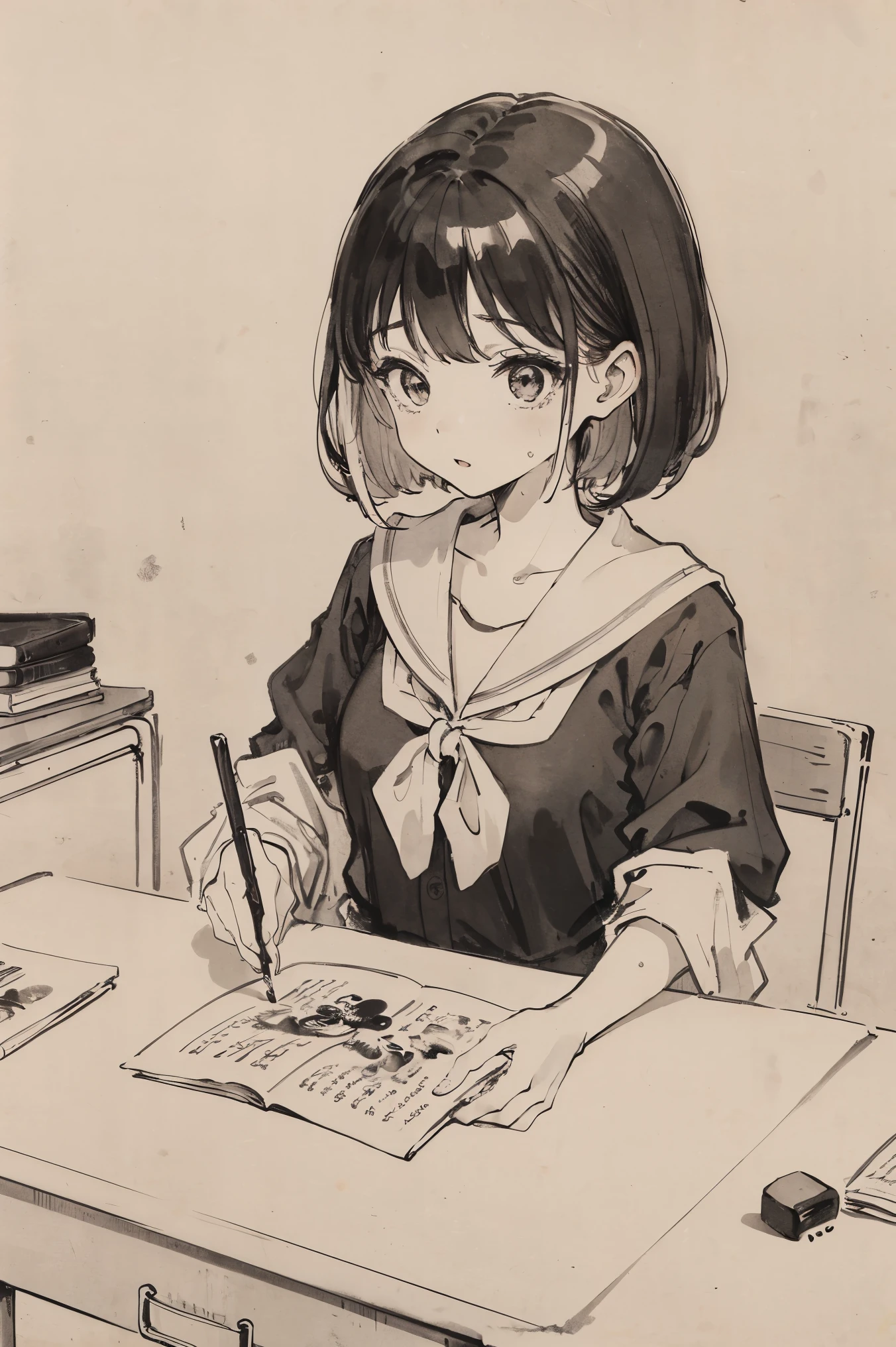 (tmasterpiece,best qualtiy:1.2),Traditional Chinese Ink Painting,girl with、bob cuts、It's wet、I'm embarrassed、a sailor suit、Plunge down on the desk、