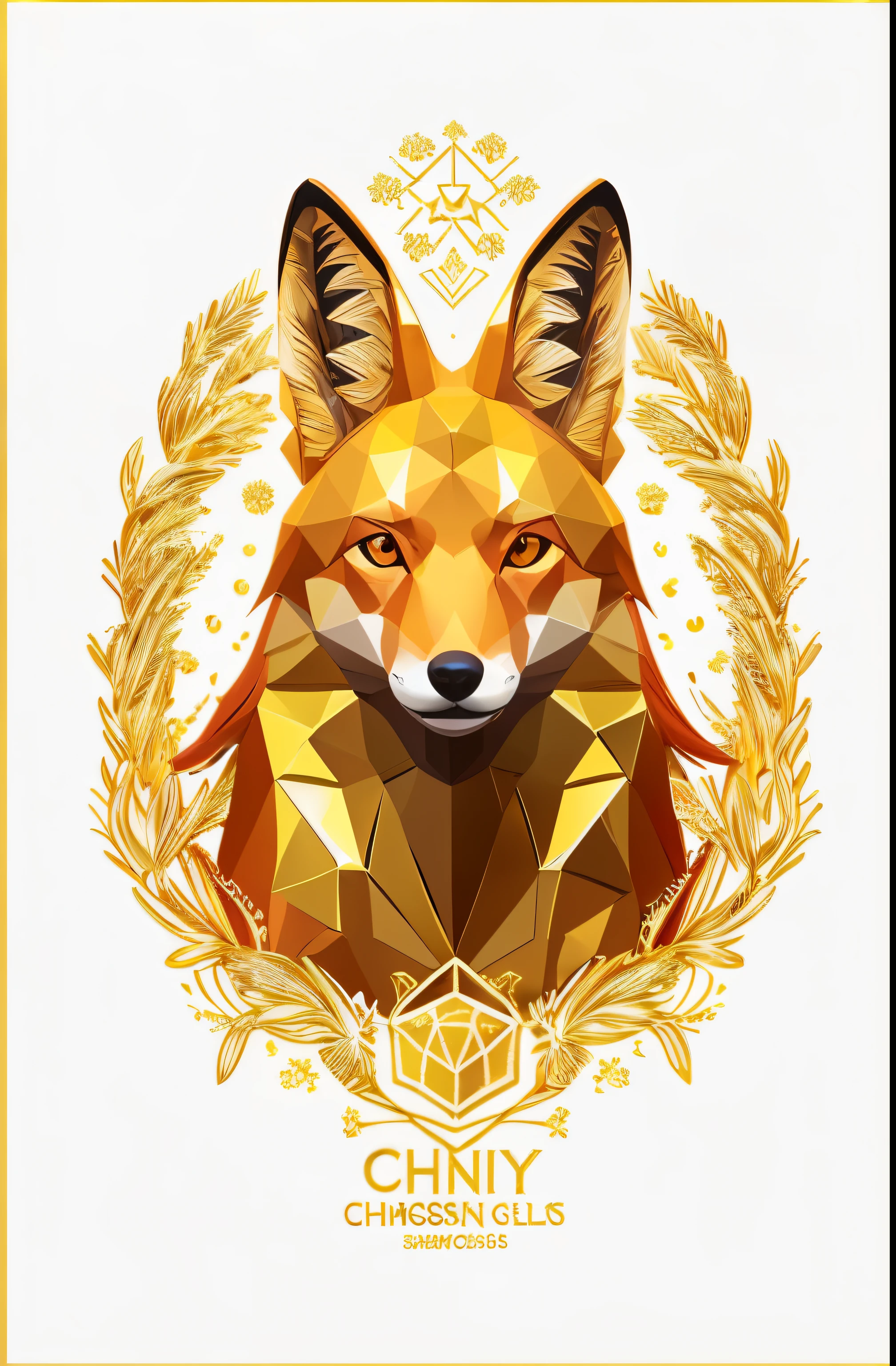 Shiny golden maned wolf Chrysocyon brachyurus logo in vector form with ouro brilhanteen petals ((ouro brilhanteen maned wolf Chrysocyon brachyurus)), a detailed illustration of the face of the golden maned wolf, Magia, ouro brilhanteen, uivando, logo in vector form with ouro brilhanteen petals, design de estilo gradiente dourado, harmonic tetradic colors, arte 3D vetor, fofo e peculiar, arte de fantasia, ouro brilhante, Adobe Ilustrador, hand drawn, pintura digital, Minimalista, baixo poli, soft studio lighting, aerial view, isometric style, retro aesthetic, foco nos personagens, 4k resolution, photorealistic rendering, usando cinema 4D