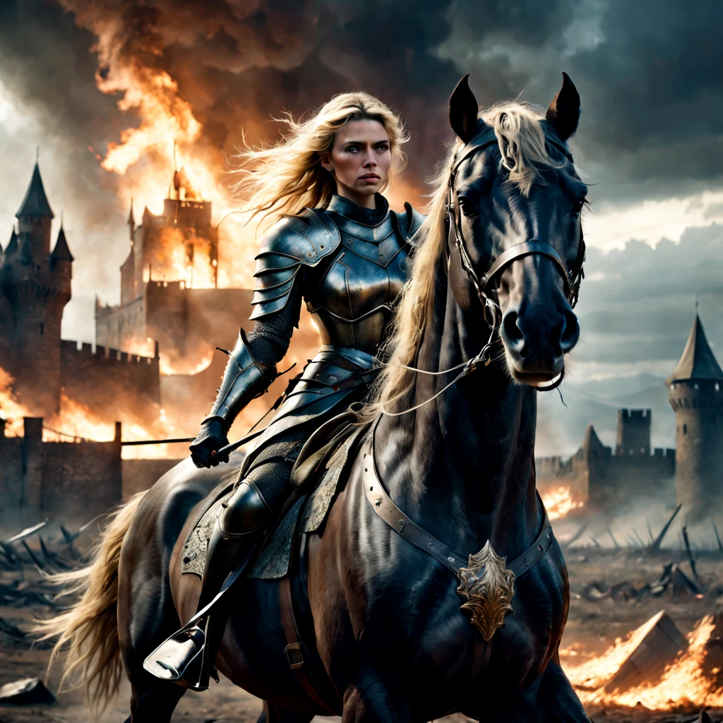 woman-knight on a powerful horse on a battlefield
