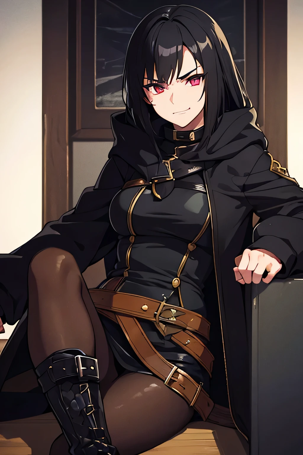 1 garota, Sozinho, mulher com cabelo preto e casaco escuro, mulher desonesta dnd, She is wearing black boots and has a smug expression on her face, bruxo medieval desonesto