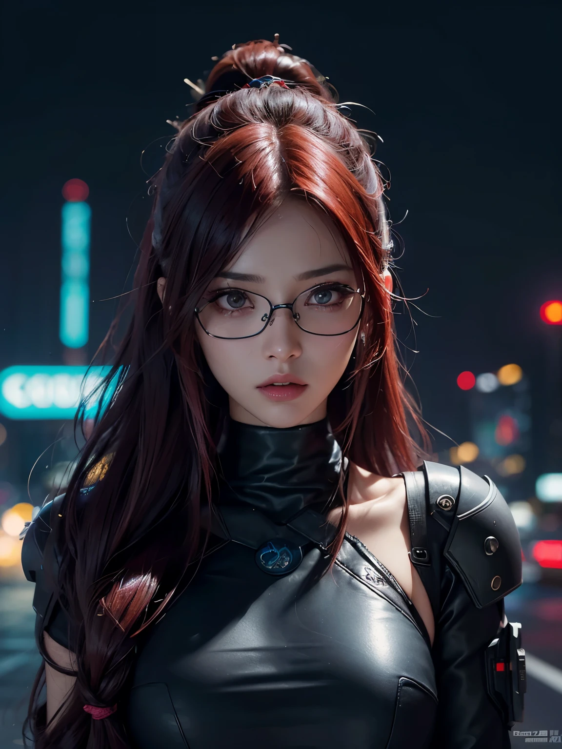 in cyberpunk city, cyberpunk photo, cyberpunk 2 0 y. o model girl, in a futuristic cyberpunk city, female, in a cyberpunk city, cyberpunk beautiful girl, in cyberpunk style, cyberpunk girl, futuristic cyberpunk tokyo night, at cyberpunk city, (tmasterpiece、4k resolution、ultra-realistic realism、The is very detailed), "Full and juicy lips, mesmerizing wide eyes, a defined jawline, and high cheekbones. A perfectly symmetrical face with distinct features.", wearing glasses, Japaneses, Irelia from league of legends, red-haired
