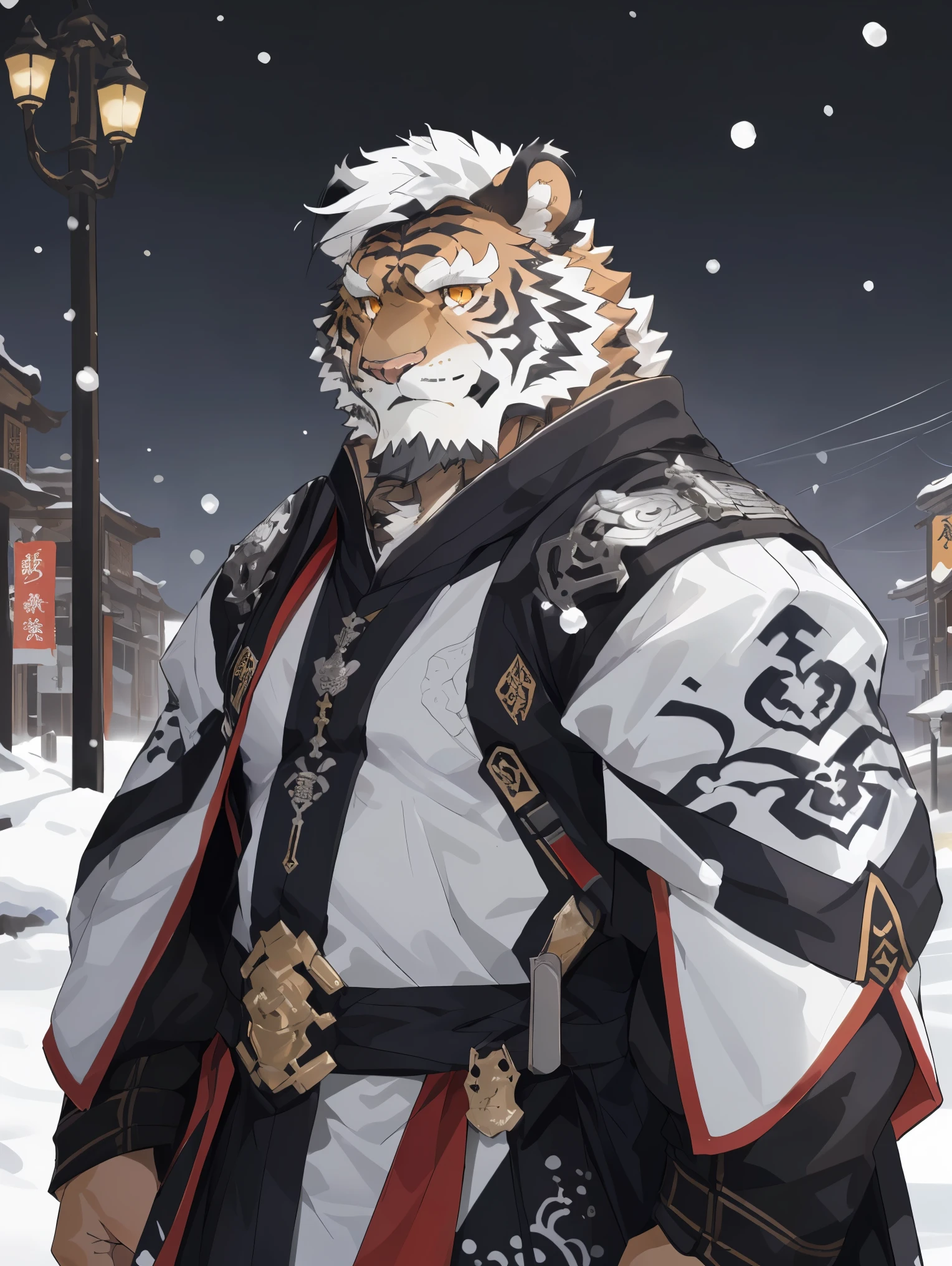 (白色皮肤tiger),(黑白阴阳general古代战袍),Holding a long sword,Powerful posture,Standing calmly,(The background is a city covered with ice and snow:1.2),abdominal muscles,heroic posture飒爽,完美的masterpiece,Various facial details,distance perspective,specific description,masterpiece,cg,(golden eyes),Black and white pattern,crimson tail,general,heroic posture,tiger,Black and white fur,Concrete facial details,Half body,(黑白阴阳general战履),(Chang Ling),((middle aged)),(face focus),(16k),HD,black and white belly,temple,beard,(Face lines),Different pupils,(Black and white yin and yang ancient war robe),(black and white hair),Strong,muscle,(high resolution:1.3),(Standing in front of the city covered with ice and snow),(Close up),(Detailed face:1.5),Perfect details,(Half body),(Detailed depiction of the face:1.5),(Zoom in on face:1.5),(白色Face lines:1.2),(黑色beard:1.3),(white face;1.6),white body