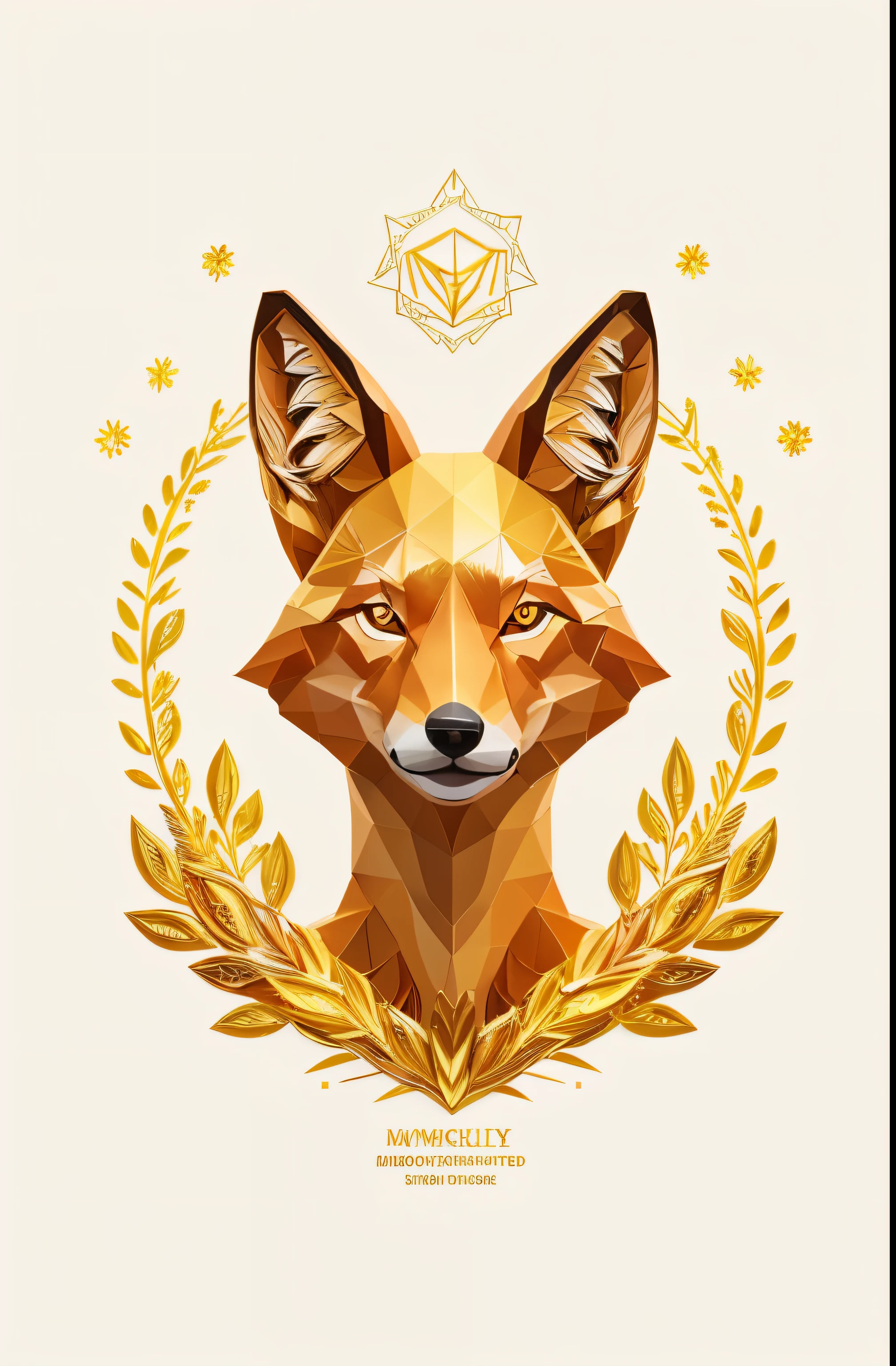 Shiny golden maned wolf Chrysocyon brachyurus logo in vector form with ouro brilhanteen petals ((ouro brilhanteen maned wolf Chrysocyon brachyurus)), a detailed illustration of the face of the golden maned wolf, Magia, ouro brilhanteen, uivando, logo in vector form with ouro brilhanteen petals, design de estilo gradiente dourado, harmonic tetradic colors, arte 3D vetor, fofo e peculiar, arte de fantasia, ouro brilhante, Adobe Ilustrador, hand drawn, pintura digital, Minimalista, baixo poli, soft studio lighting, aerial view, isometric style, retro aesthetic, foco nos personagens, 4k resolution, photorealistic rendering, usando cinema 4D