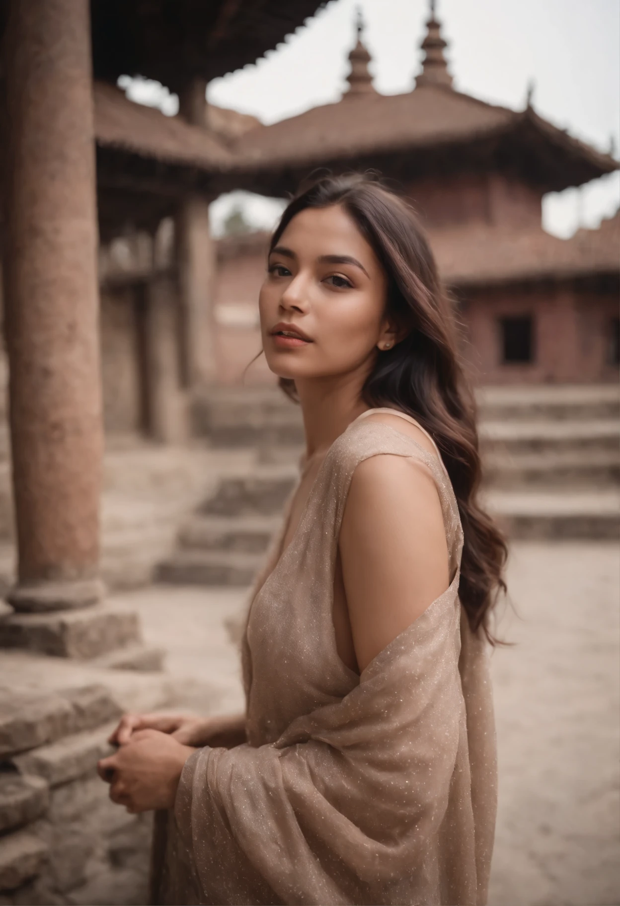 travellers, nude in the style of rap aesthetics, girl，Nepal，make for a memorable photo.  The background is to the ancient temples and palaces of Kathmandu ，photo taken with fujifilm superia, charly amani, oversized portraits, babycore, upper body