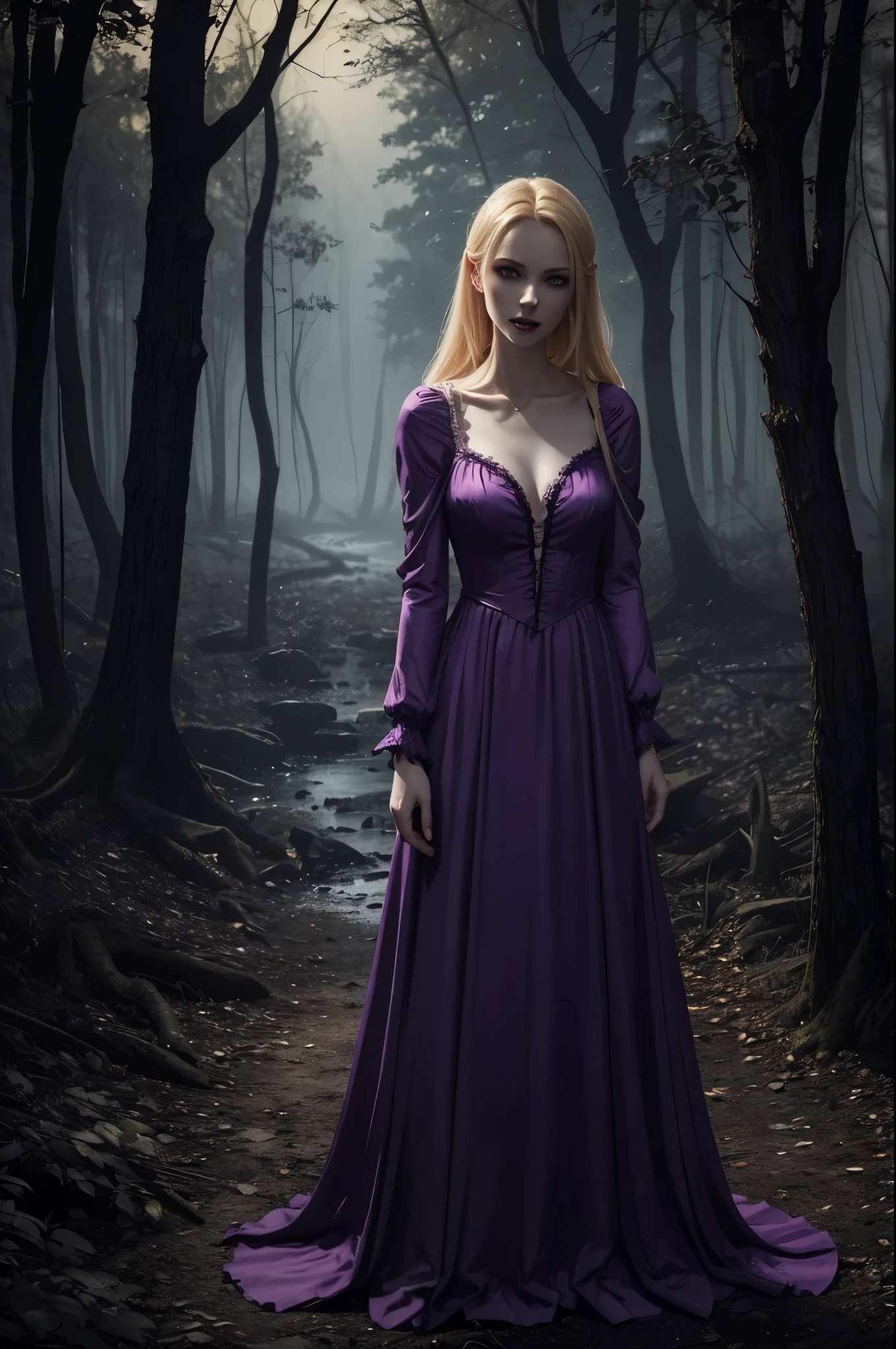 (Night in a deserted woods by a river). Vampire woman, (full body), blonde, pale skin, fangs bared, hungry, purple nightgown, stalks toward the viewer. in the style of a classic painted illustration, dramatic lighting, (depth of field), ((masterpiece)), ((best quality)), ((highly detailed))