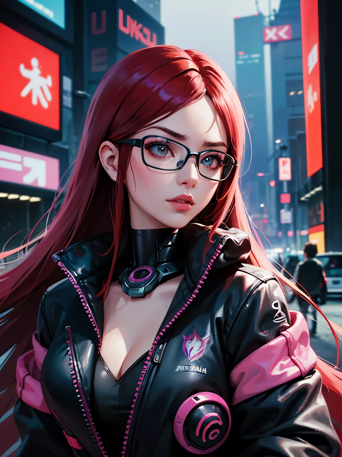 in cyberpunk city, cyberpunk photo, cyberpunk 2 0 y. o model girl, in a futuristic cyberpunk city, female, in a cyberpunk city, cyberpunk beautiful girl, in cyberpunk style, cyberpunk girl, futuristic cyberpunk tokyo night, at cyberpunk city, (tmasterpiece、4k resolution、ultra-realistic realism、The is very detailed), "Full and juicy lips, mesmerizing wide eyes, a defined jawline, and high cheekbones. A perfectly symmetrical face with distinct features.", wearing glasses, Japaneses, Irelia from league of legends, red-haired