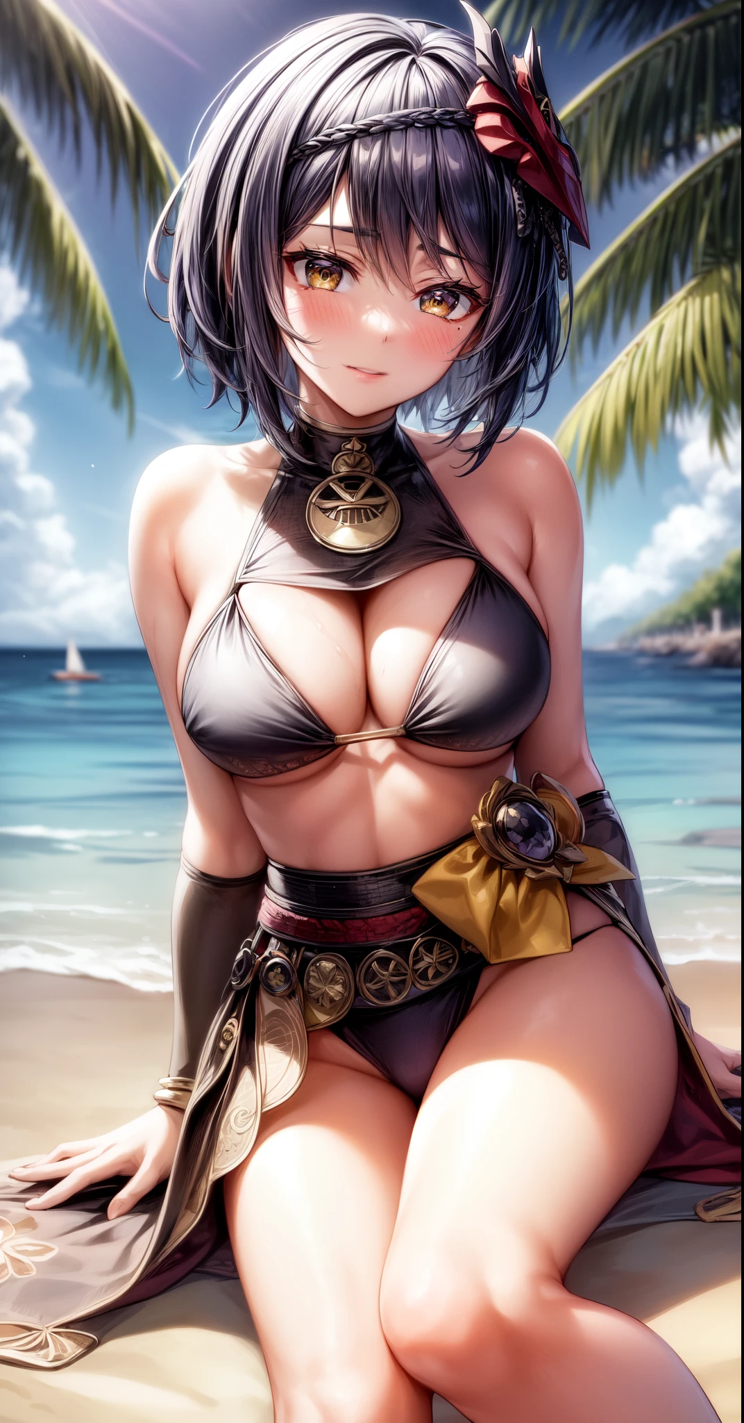 anime, beautiful face, highly detailed face, 2 accurate legs, yellow detailed eyes, highly detailed beach background, perfect lighting, best body lighting, 1girl, solo, kujou sara, genshin impact, outdoors, (beautiful short hair:1.2), absurdres, high res, ultrasharp, 8K, masterpiece, naked legs, looking at viewer, teasing smile, blushing, BREAK (detailed sexy beach bikini:1.4), all intricate lace, standing up, (elegant pose:1.1), (sitting down on beach:1.3), close up