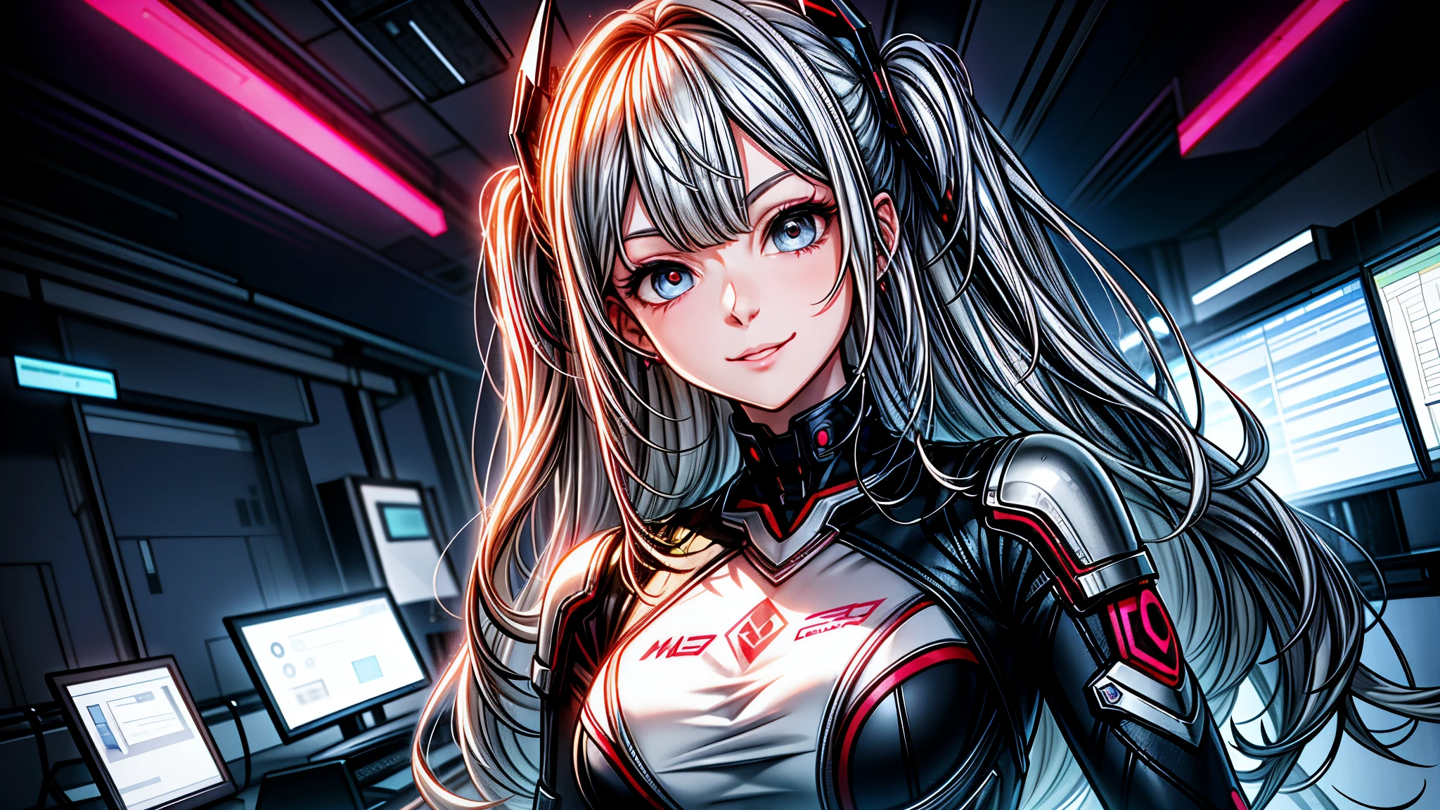 absurd resolution, high resolution, (mesa: 1.4), hiperdetalle, Silver-haired young woman dressed as a technician,Tono rojo de los ojos.、Ojos de tono morado sonrojados.、smiling expression, blue neon、Being in blue cyber space
