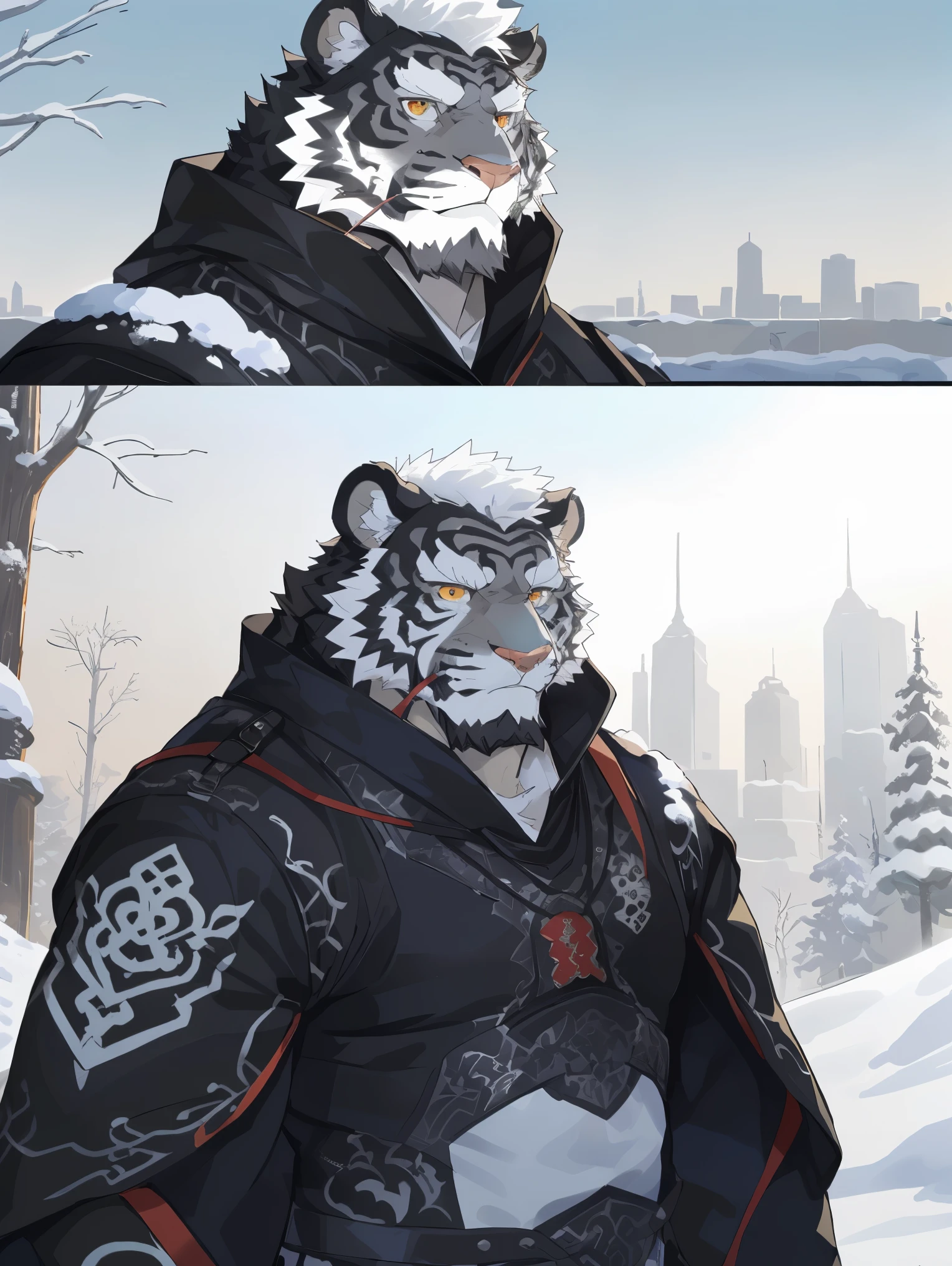 (白色皮肤tiger),(黑白阴阳general古代战袍),Holding a long sword,Powerful posture,Standing calmly,(The background is a city covered with ice and snow:1.2),abdominal muscles,heroic posture飒爽,完美的masterpiece,Various facial details,distance perspective,specific description,masterpiece,cg,(golden eyes),Black and white pattern,crimson tail,general,heroic posture,tiger,Black and white fur,Concrete facial details,Half body,(黑白阴阳general战履),(Chang Ling),((middle aged)),(face focus),(16k),HD,black and white belly,temple,beard,(Face lines),Different pupils,(Black and white yin and yang ancient war robe),(black and white hair),Strong,muscle,(high resolution:1.3),(Standing in front of the city covered with ice and snow),(Close up),(Detailed face:1.5),Perfect details,(Half body),(Detailed depiction of the face:1.5),(Zoom in on face:1.5),(白色Face lines:1.2),(黑色beard:1.3),(white face;1.6),white body